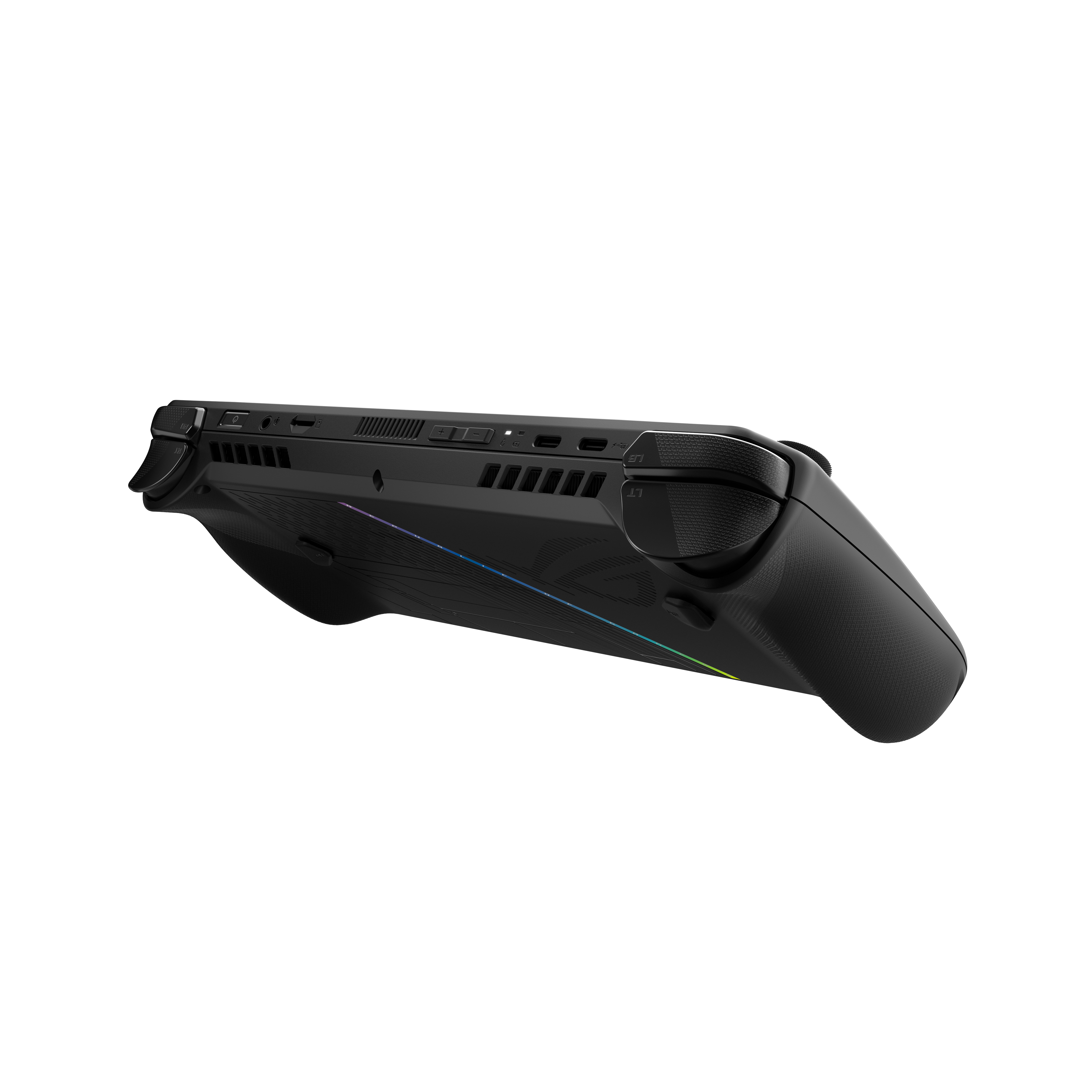 Schwarze Handheld-Konsole. Abgewinkelte Ansicht, zeigt Knöpfe und die Unterseite mit farbigen Lichtern.