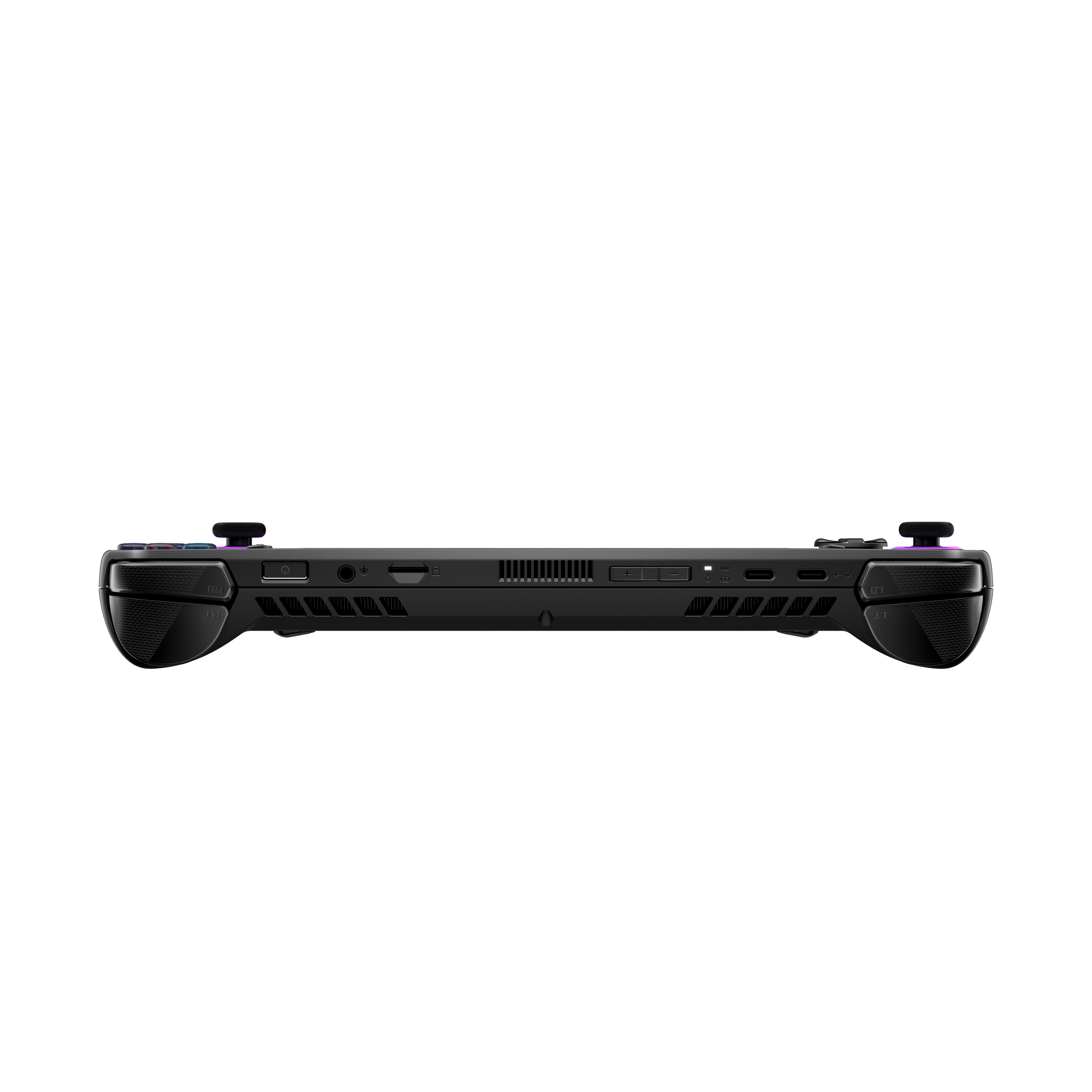 Seitenansicht einer Handheld-Spielekonsole, die Knöpfe, Anschlüsse und Design zeigt.