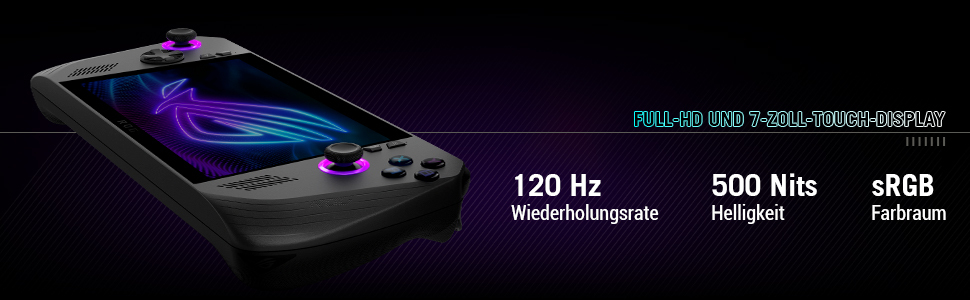 Handheld-Gaming-Gerät mit Display und Bedienelementen. Text: 120 Hz, 500 Nits, sRGB.