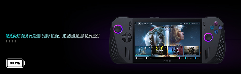 Handheld-Gaming-Gerät mit Bildschirm, der Spieloberfläche zeigt. Dunkler Hintergrund.