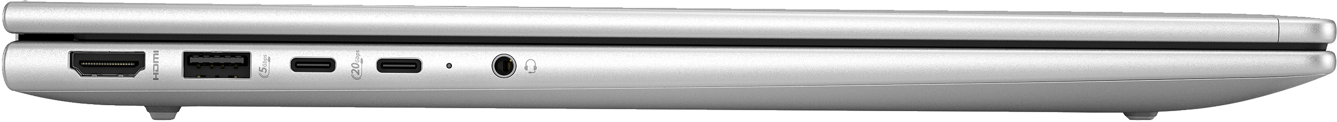 Side view of a silver laptop with ports. Includes HDMI, USB, USB-C, and a headphone jack.