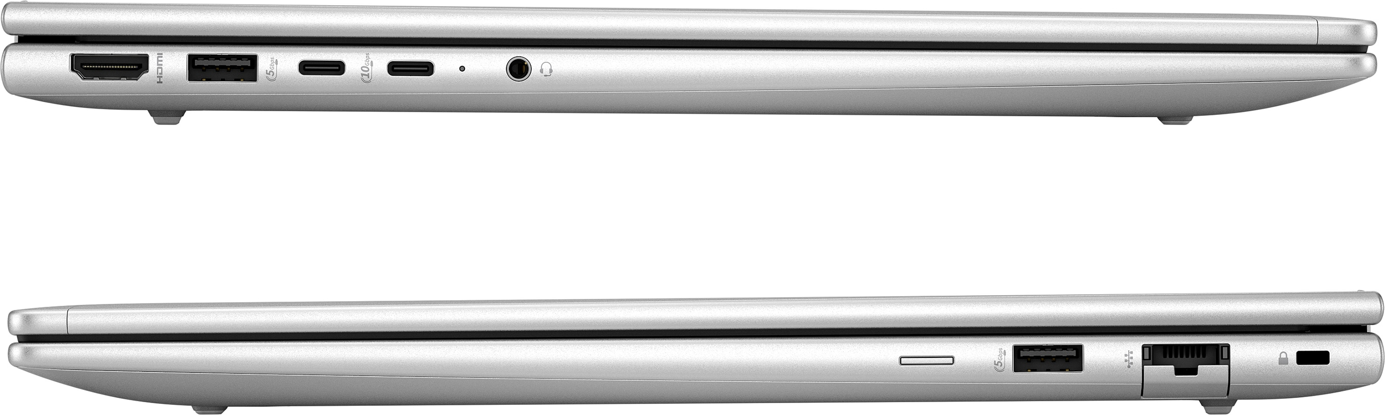 Side view of a silver laptop with ports visible. Top has HDMI, USB, and audio jacks. Bottom has USB and SD card slot.