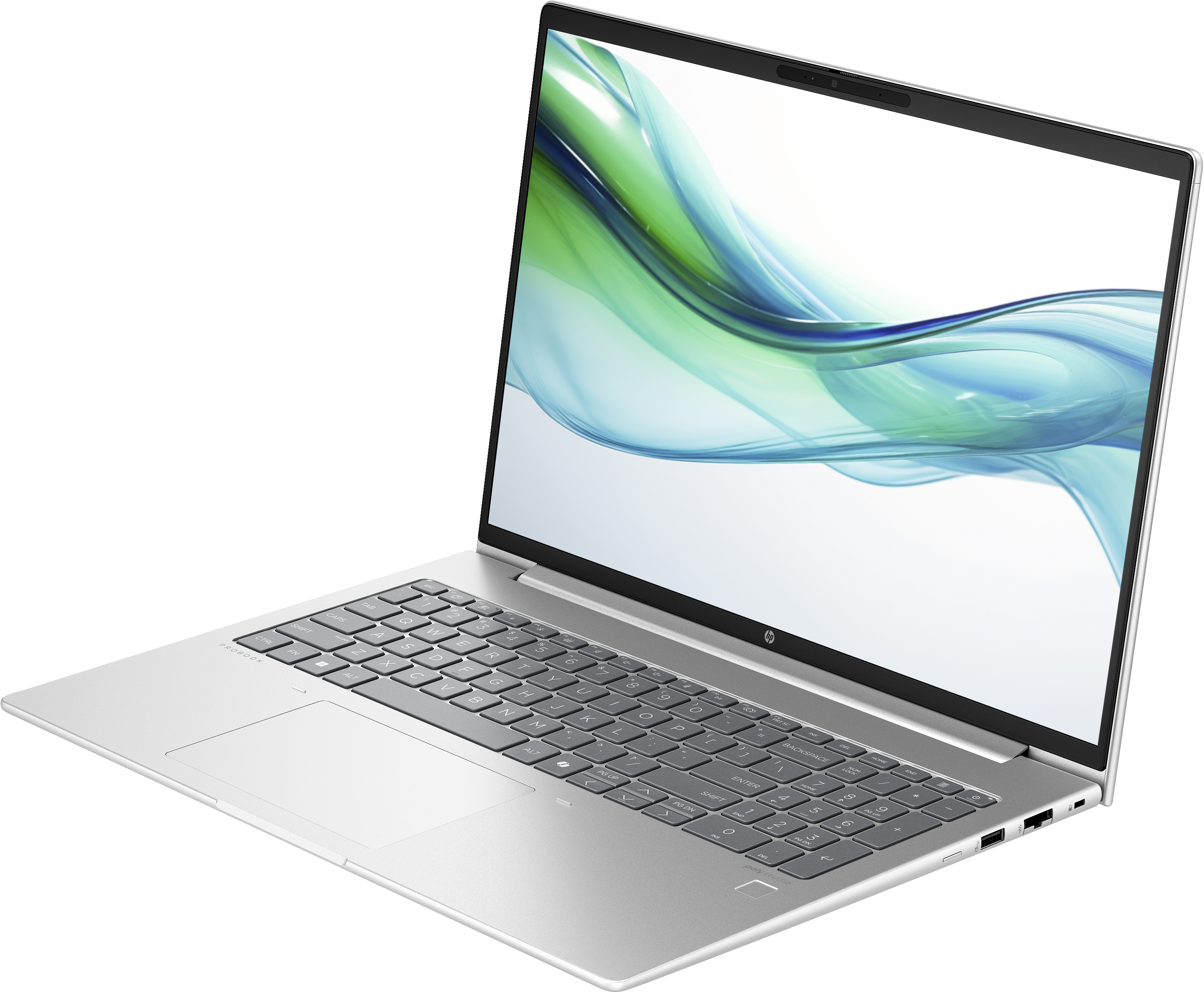A silver laptop with the screen open, displaying a colorful abstract design. White background.