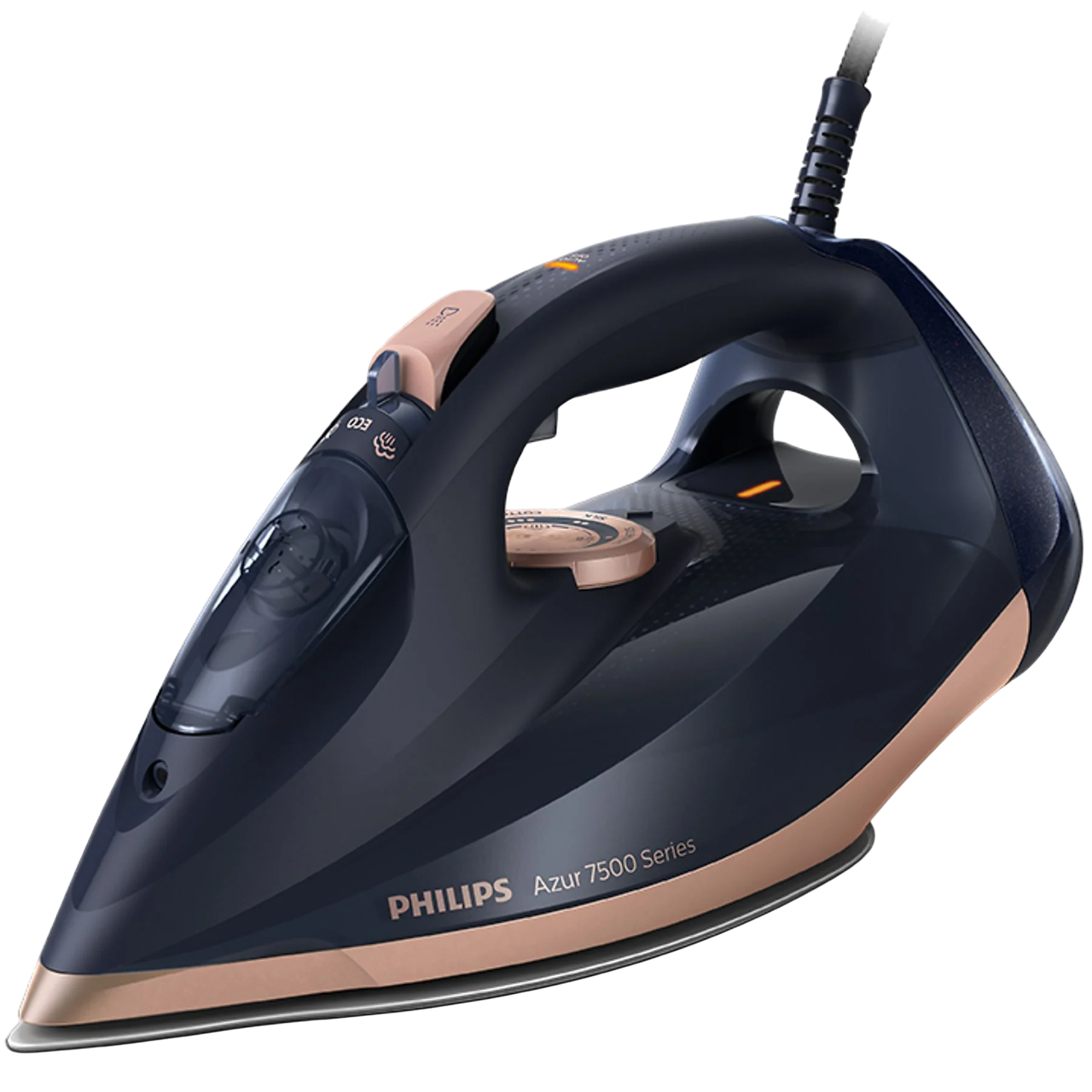 Siyah arka plan üzerinde koyu mavi ve gül altın rengi Philips Azur 7500 Serisi ütü.