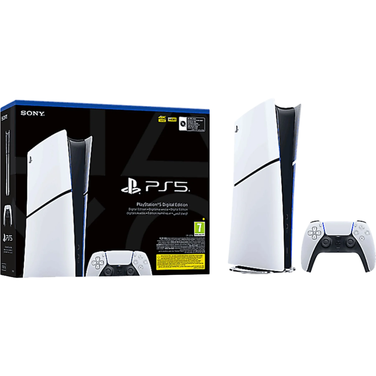 PlayStation 5 dijital sürümü. İki konsol, bir denetleyici ve kutu.