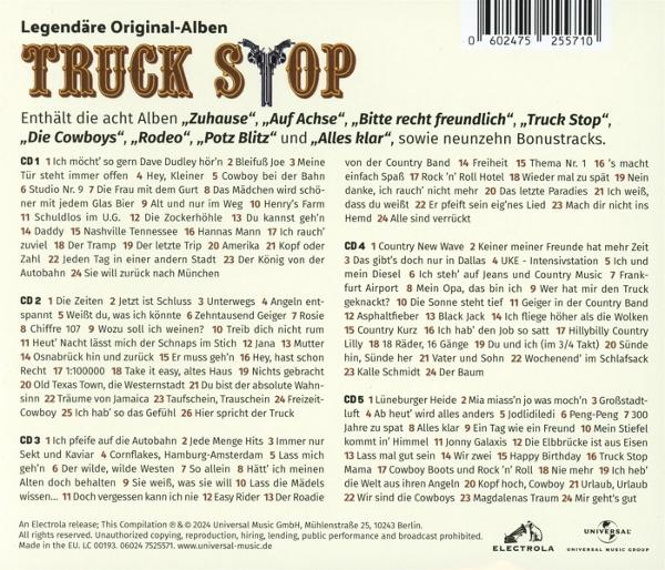 Albumcover für Truck Stop, mit einem Truck und einer Pistole. Text in Deutsch und Englisch.