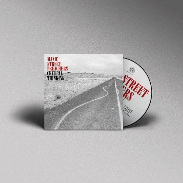 Ein CD-Albumcover für Manic Street Preachers' "Critical Thinking" auf einer grauen Oberfläche neben der CD.