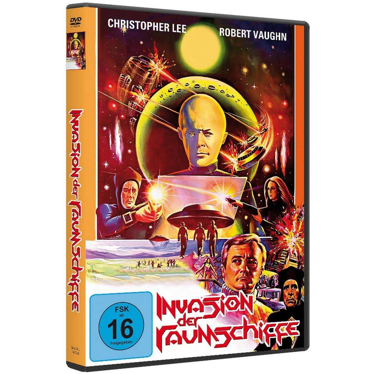 DVD-Cover mit Retro-Sci-Fi-Filmplakat mit Menschen und Raumschiff.