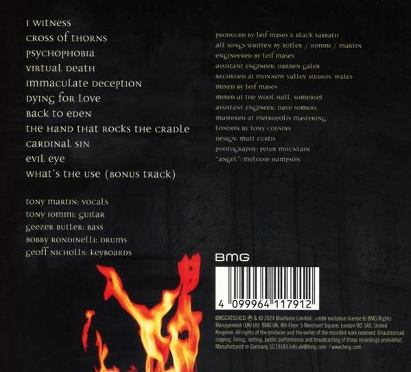 Black Sabbath Albumcover mit Titelliste und Bandmitglieddetails.
