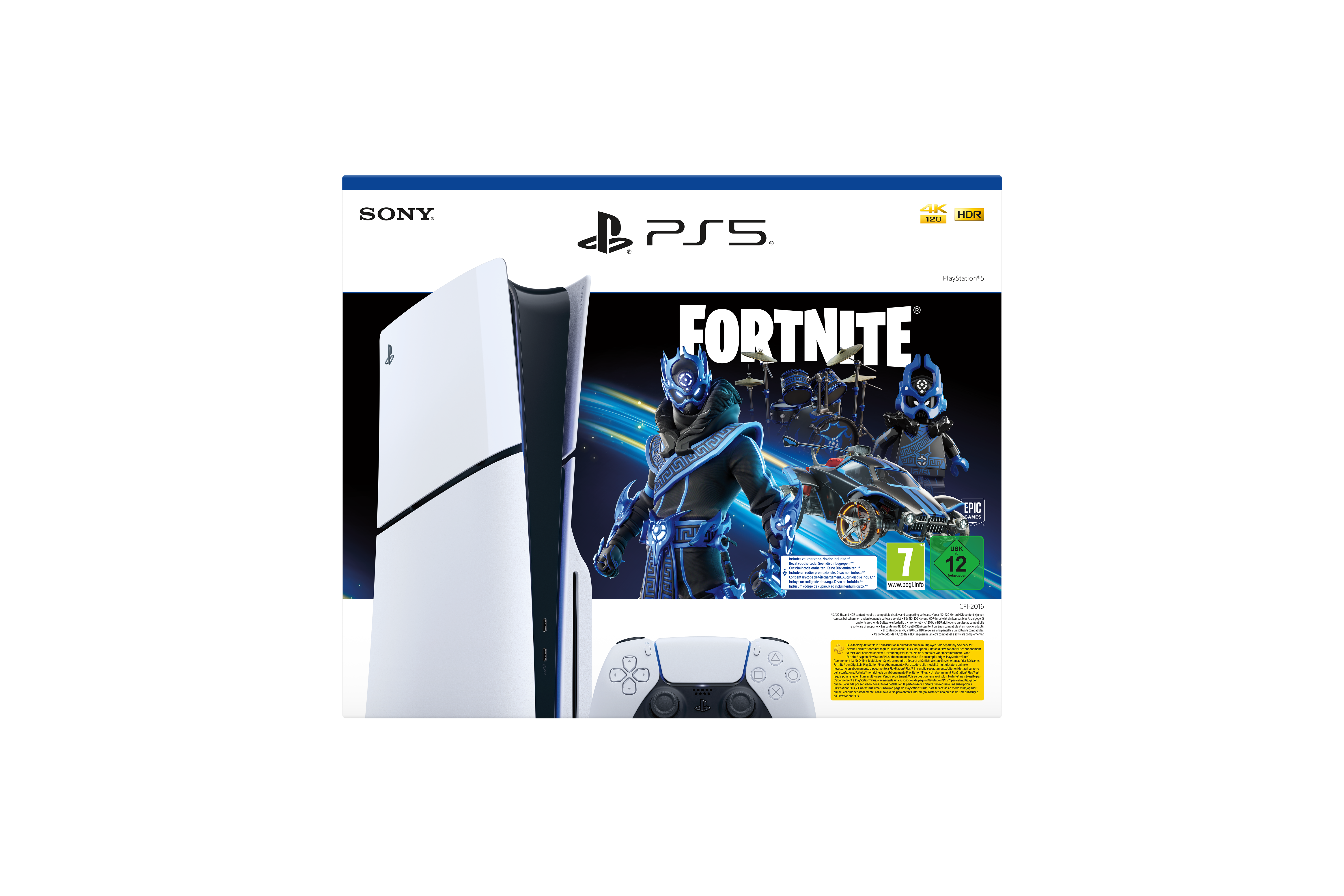 Beyaz bir PS5 konsolu, beyaz bir kontrolcü ve siyah bir arka plan üzerinde Fortnite oyun kutusu.