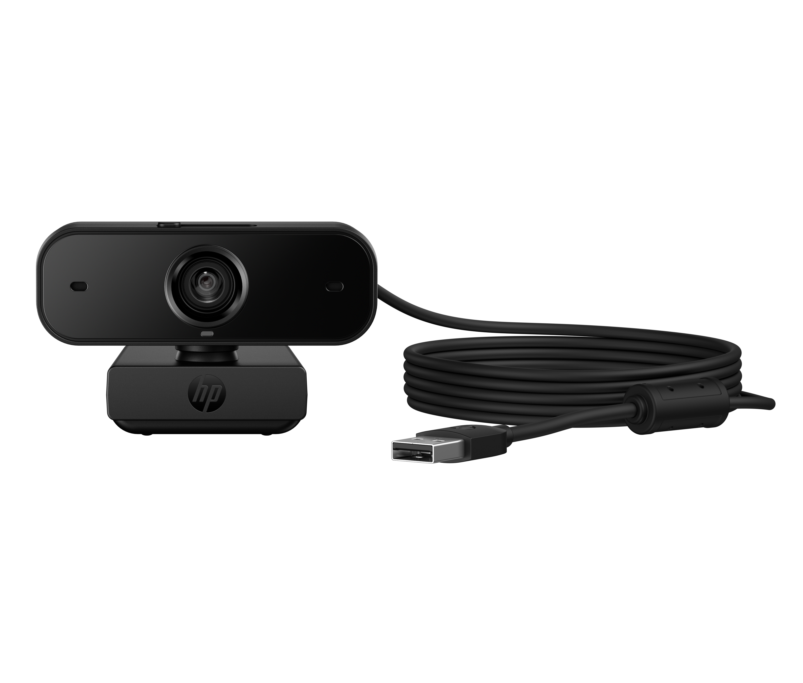 USB kablosu olan, stand üzerinde siyah bir HP web kamerası. Lens görünür durumda.