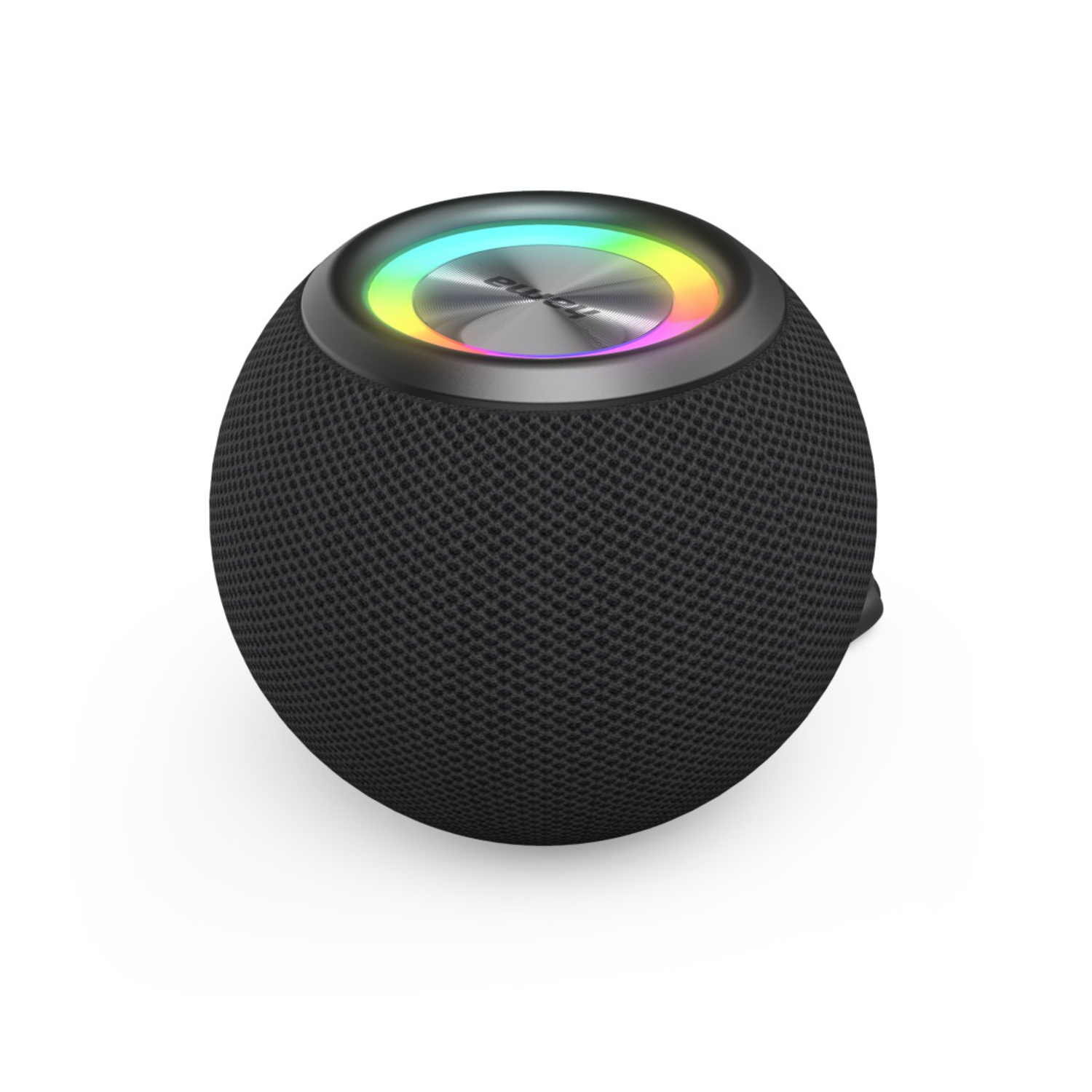 A black spherical speaker with a silver top. The top has a colorful ring of lights. The speaker sits on a white surface.
