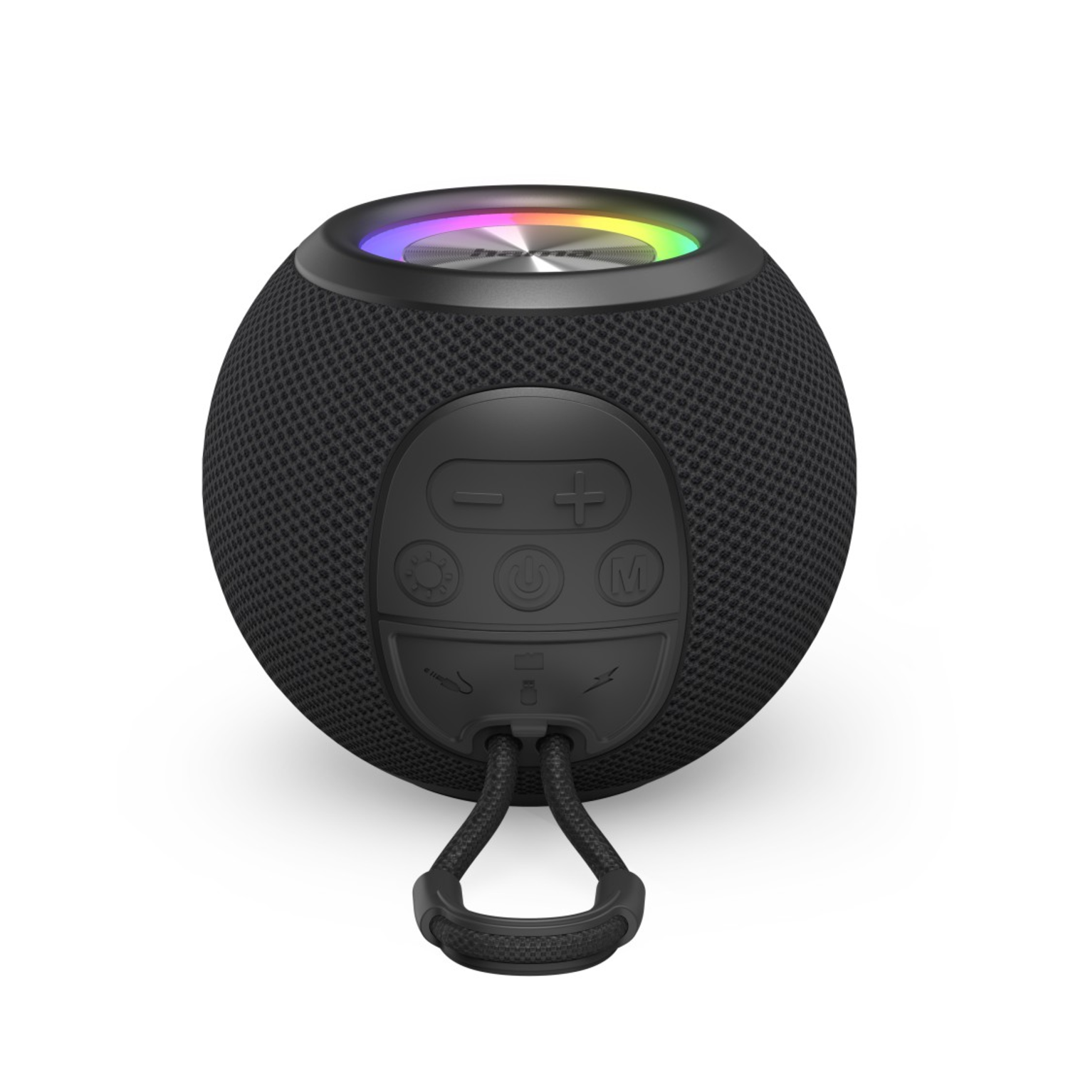 A black, spherical speaker with control buttons and a handle. The top has a glowing multi-colored light.