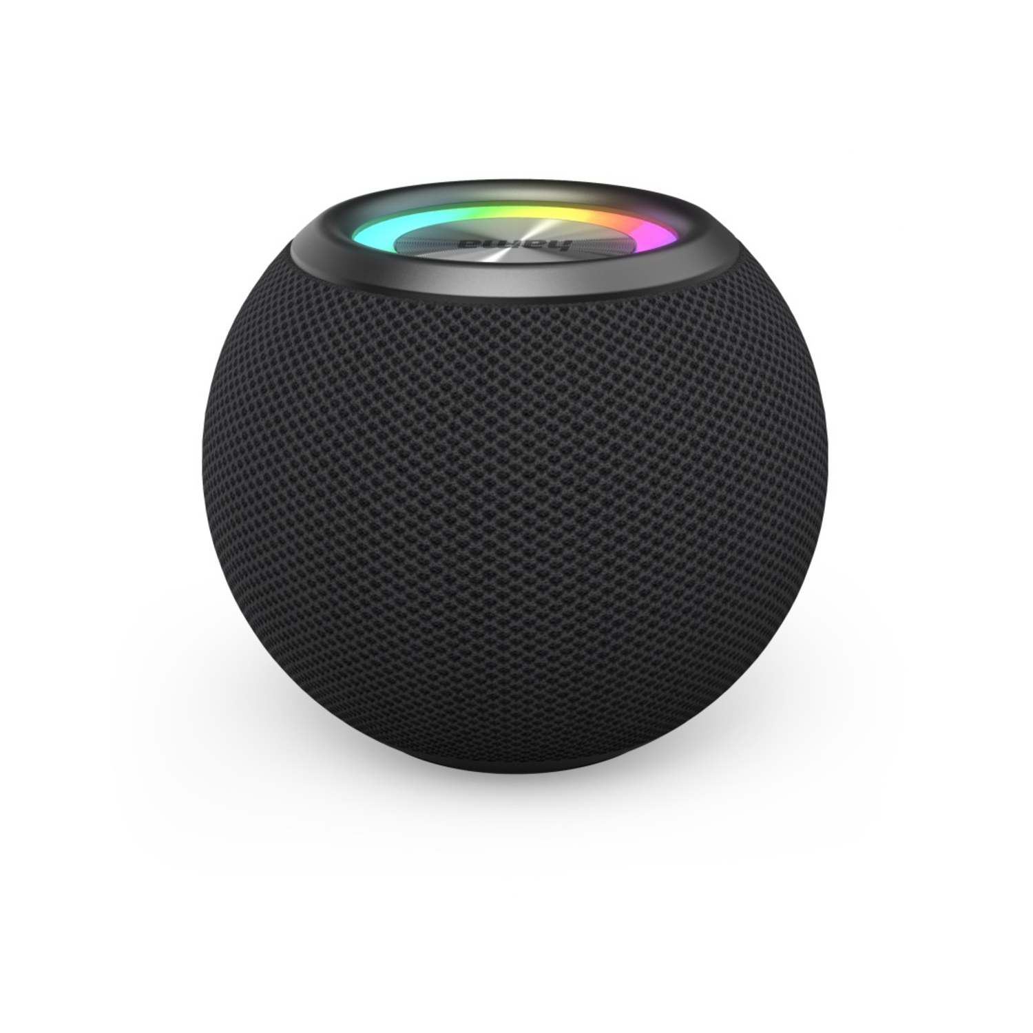A black, spherical speaker with a mesh-like texture. It has a metallic top with a colorful, glowing ring.