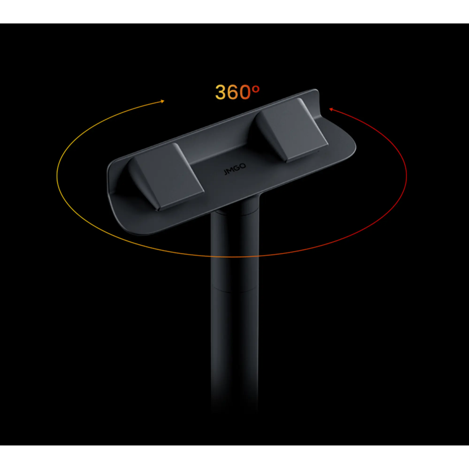 Een zwarte JMGO-standaard, ontworpen om 360 graden te draaien. De achtergrond is donker.