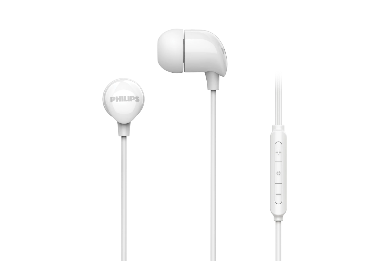 Beyaz Philips kulak içi kulaklıklar. Arka plan siyah.
