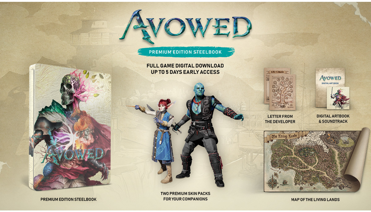 Avowed game premium editie: steelbook, beeldjes, digitale kunst en kaart. Inclusief tekst en gamekarakters.