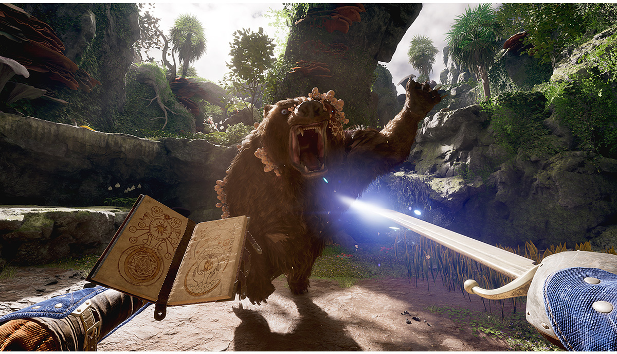 Een first-person view van een fantasy-gamescène met een beer, een zwaard en spreukenboeken.