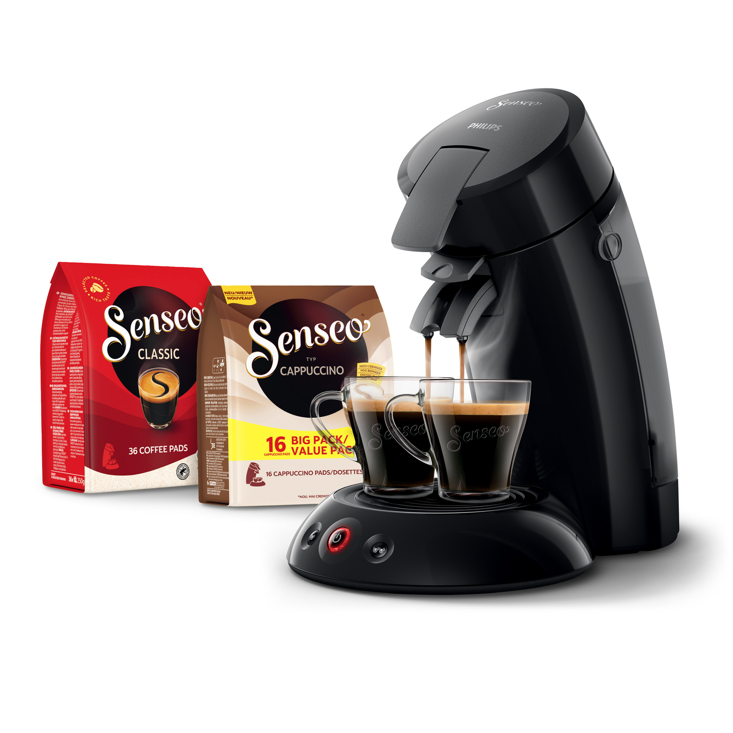 Zwarte koffiemachine met twee glazen en koffiepads.