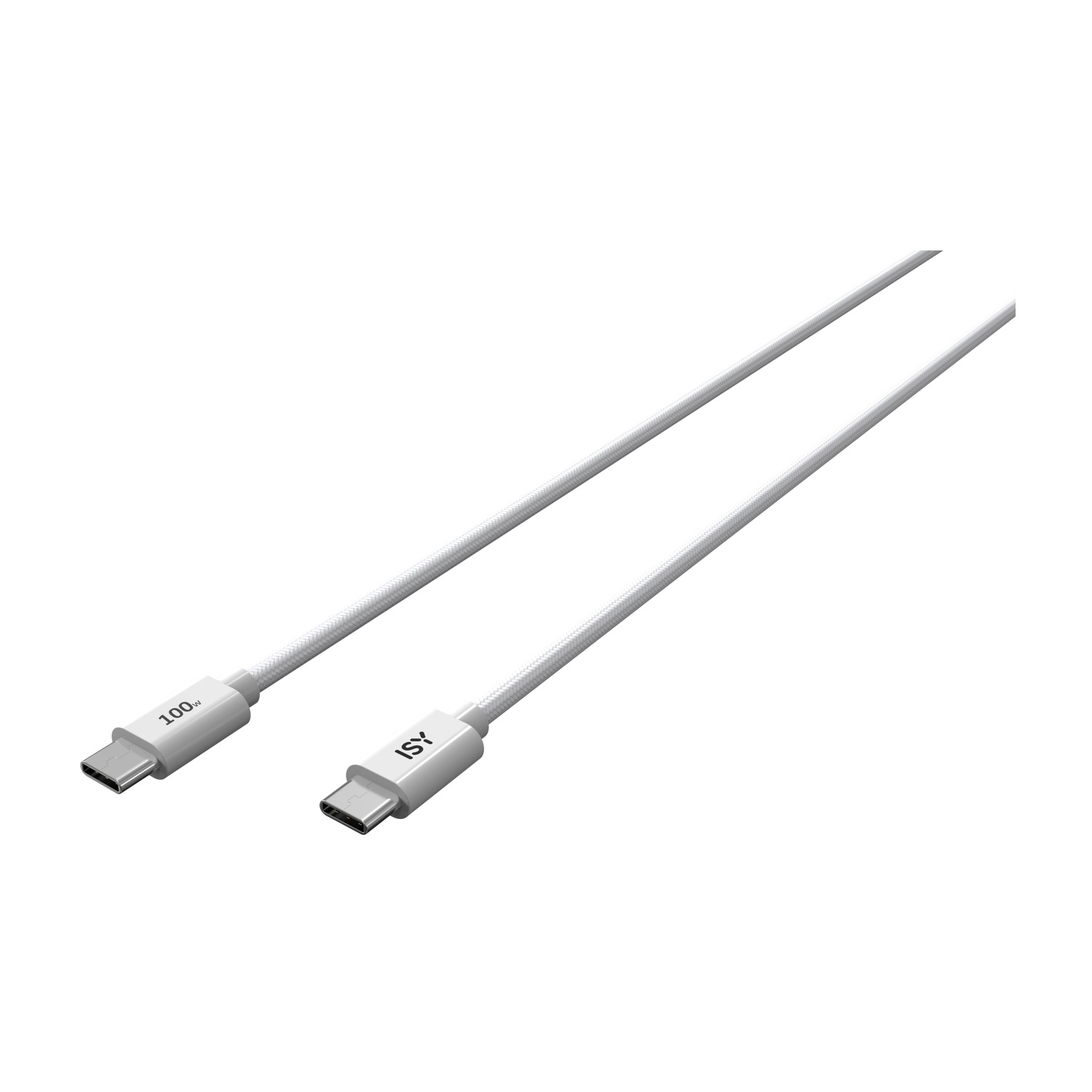 Due cavi USB-C bianchi con connettori, su sfondo bianco.
