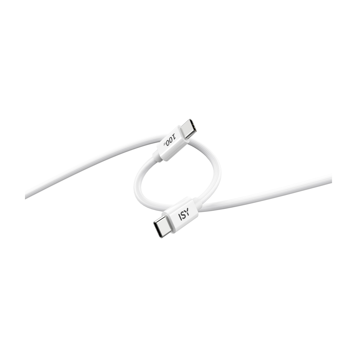 Cavo USB-C bianco, arrotolato, con etichette '100W' e 'ISY' alle estremità.