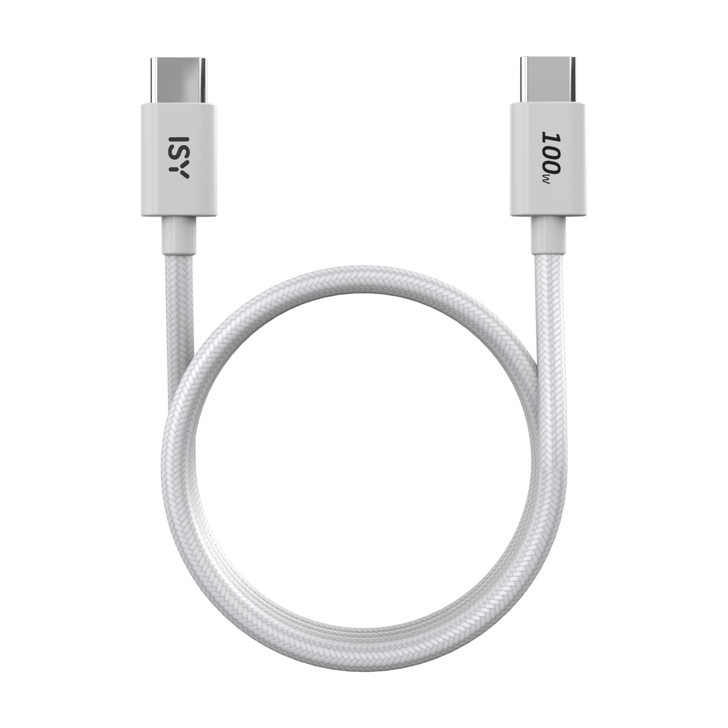 Un cavo USB-C bianco con etichette 'ISY' e '100W' sui suoi connettori.