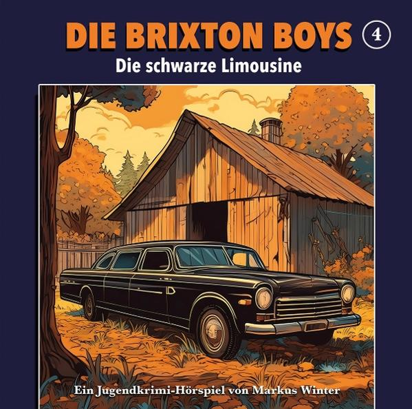 Comic-Cover. Illustration eines schwarzen Autos vor einer Scheune. Text: Die Brixton Boys.