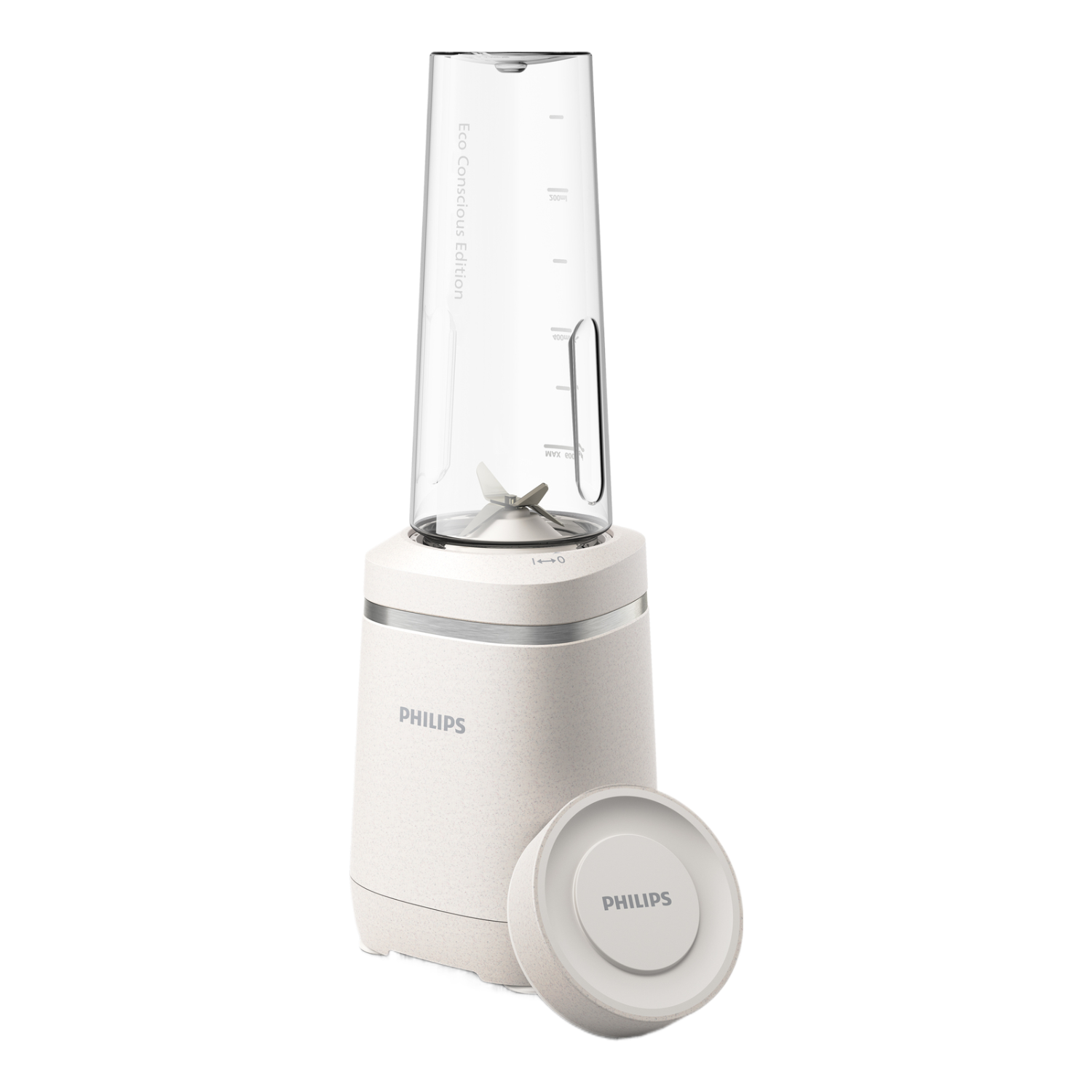 Un blender blanc avec un récipient transparent. Un couvercle est placé près de la base. La marque est Philips.