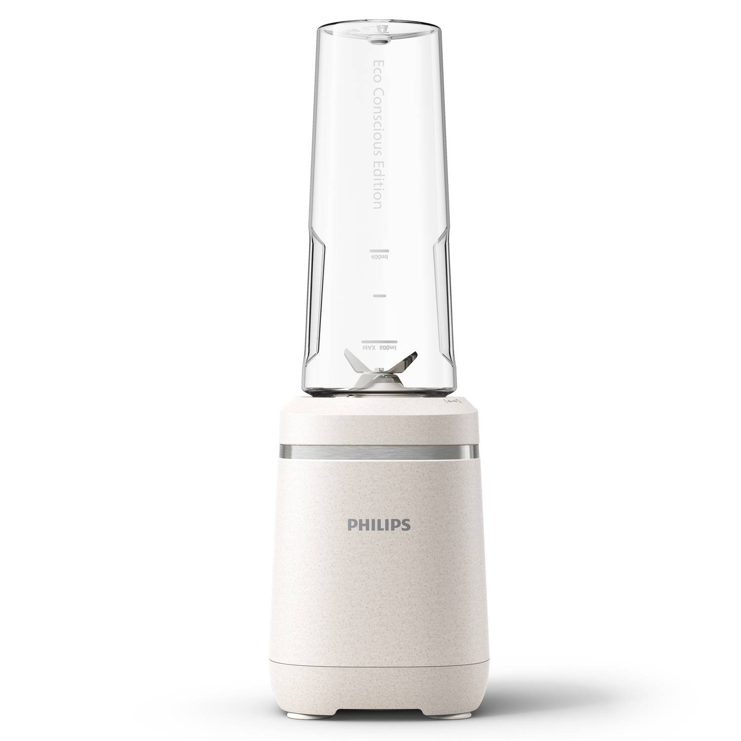 Un blender Philips blanc et beige sur fond blanc.