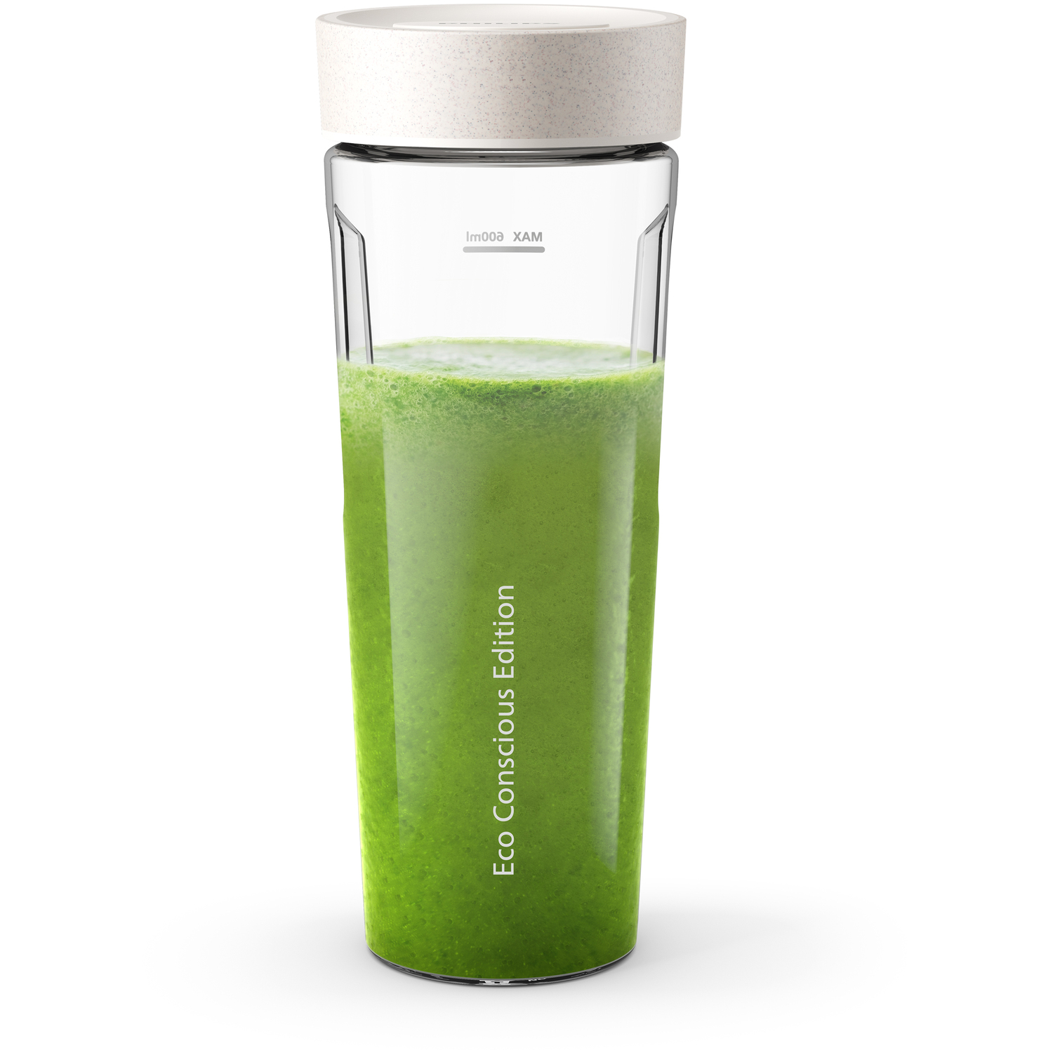 Gobelet de mixeur transparent avec liquide vert et couvercle blanc. Texte : "Eco Conscious Edition".