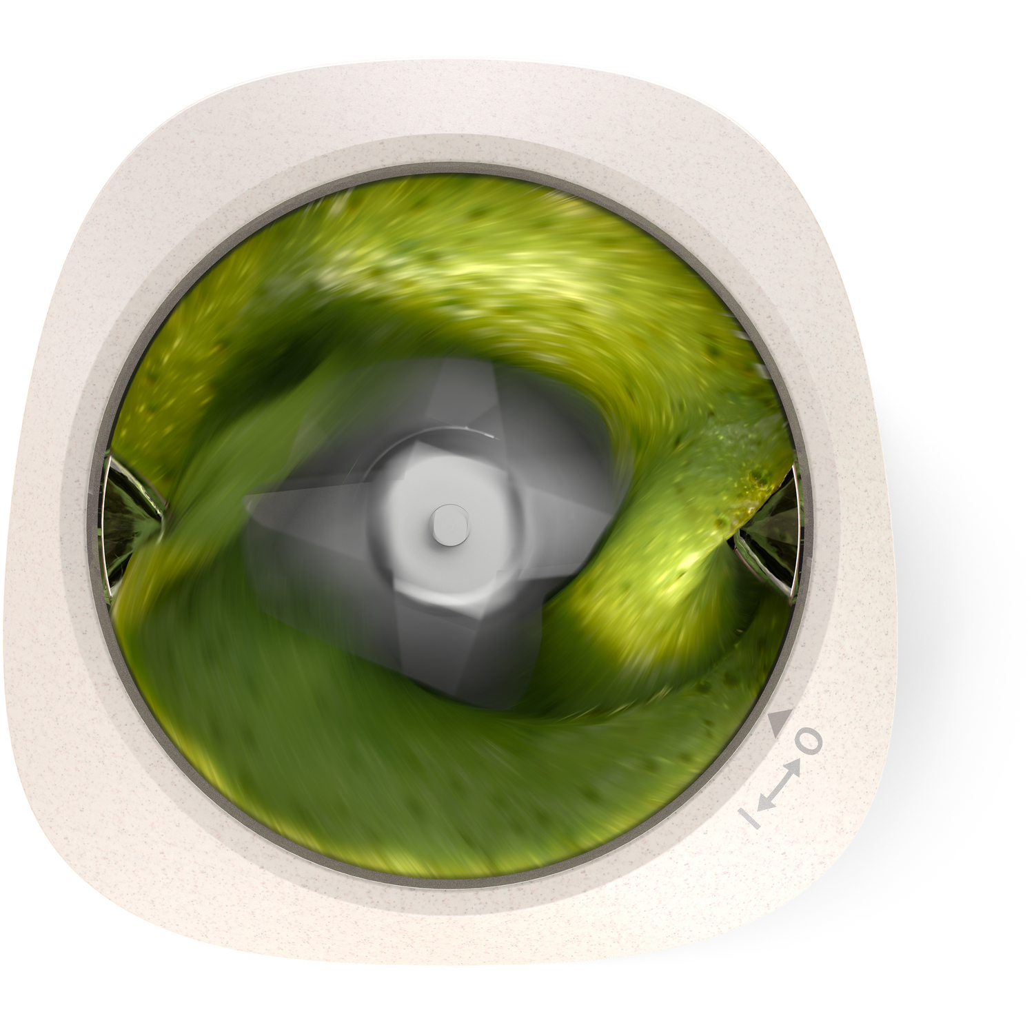 Vue de dessus d'un blender. Le liquide vert tourbillonne à l'intérieur d'un récipient circulaire.