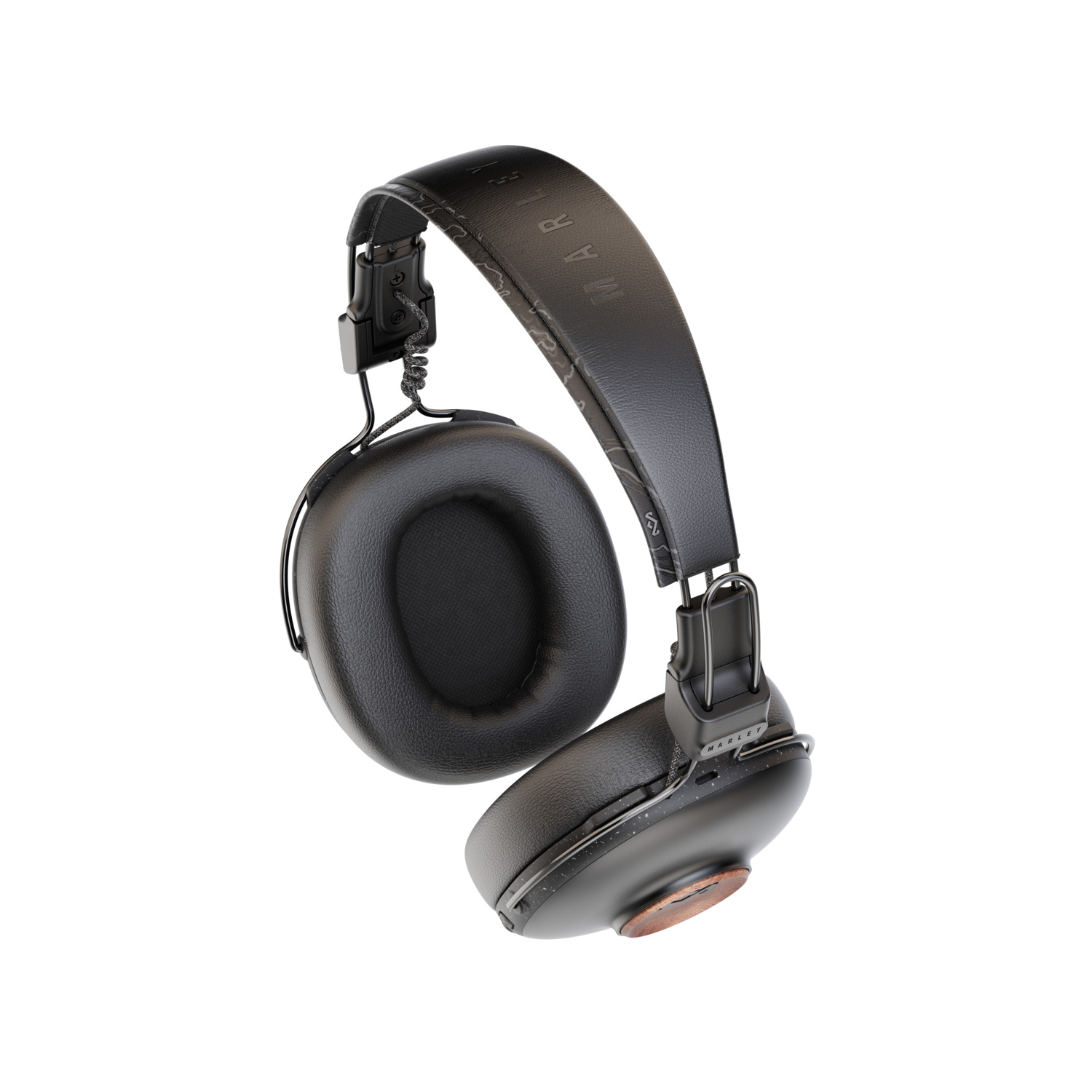 Casque noir, avec coussinets et arceau en cuir, sur fond blanc.