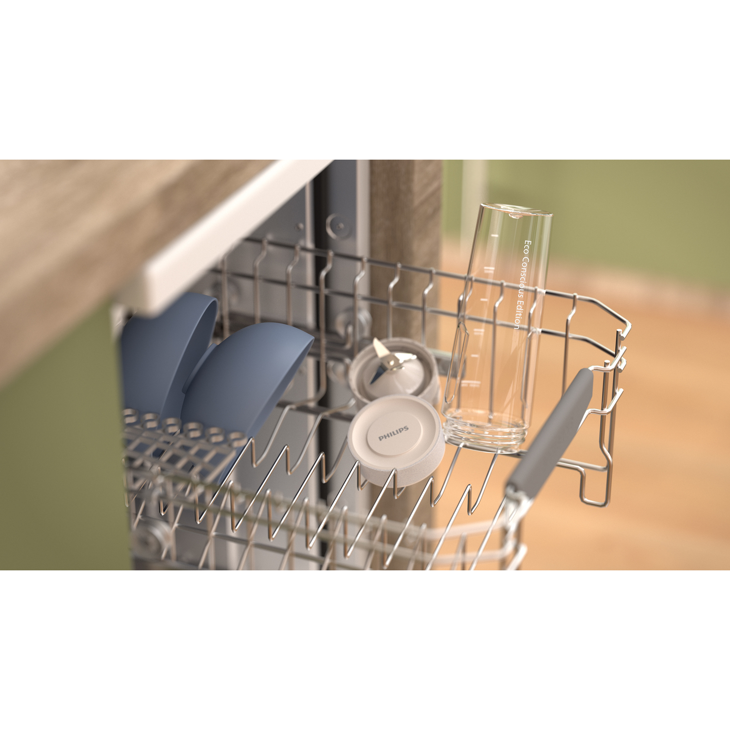 Panier de lave-vaisselle avec pièces de mixeur et un verre mesureur transparent.