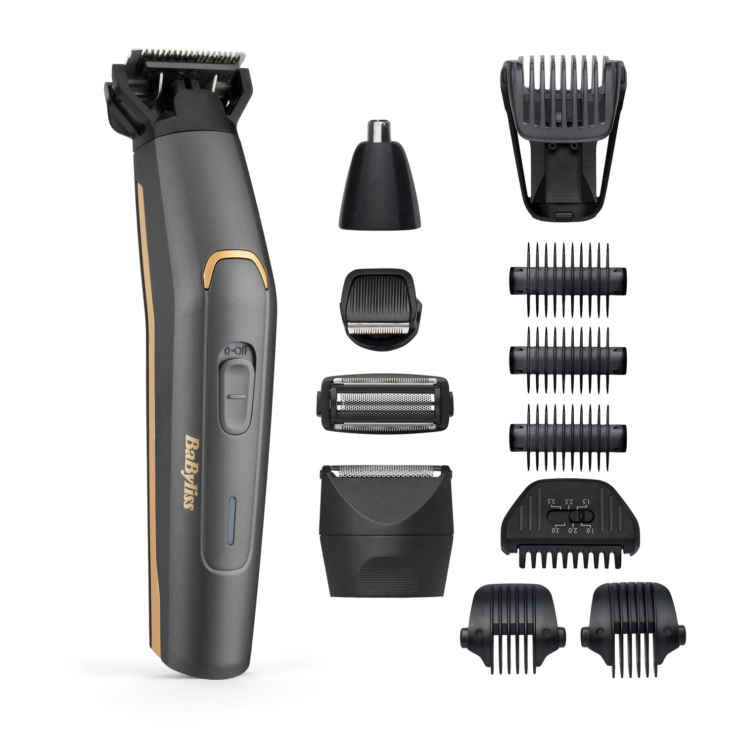 A BaByliss men's grooming kit with several attachments and the main grooming device on a white surface.