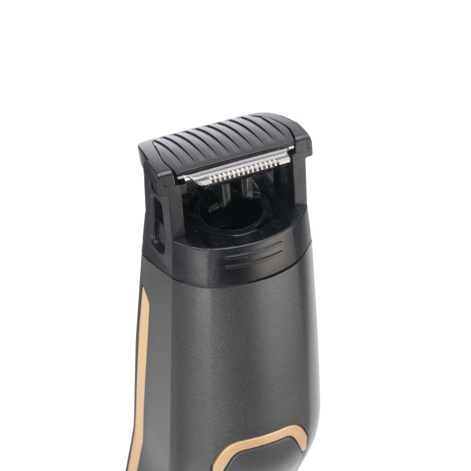 Close-up of a black and gold electric beard trimmer, blade exposed.