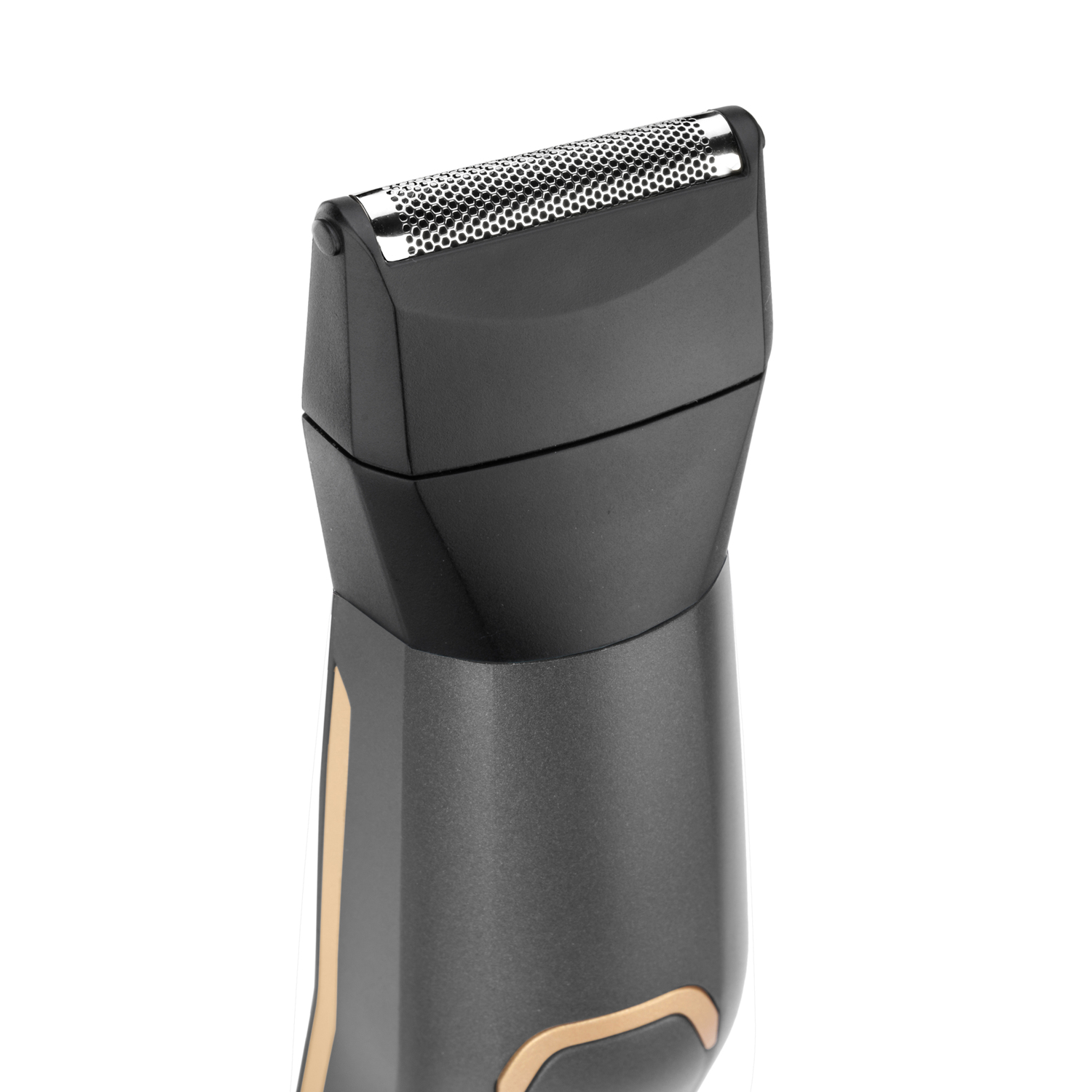 Close-up of a black and metallic grey electric shaver head. Blade is visible.