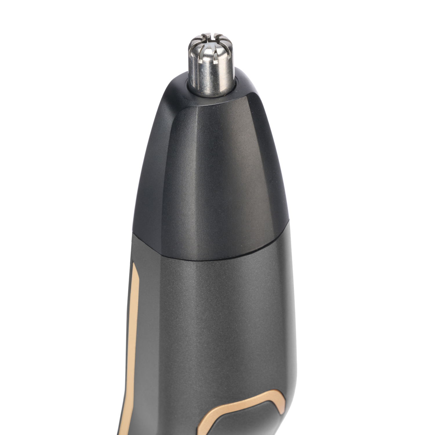 A close-up of a nose hair trimmer. The trimmer is black with a silver tip.
