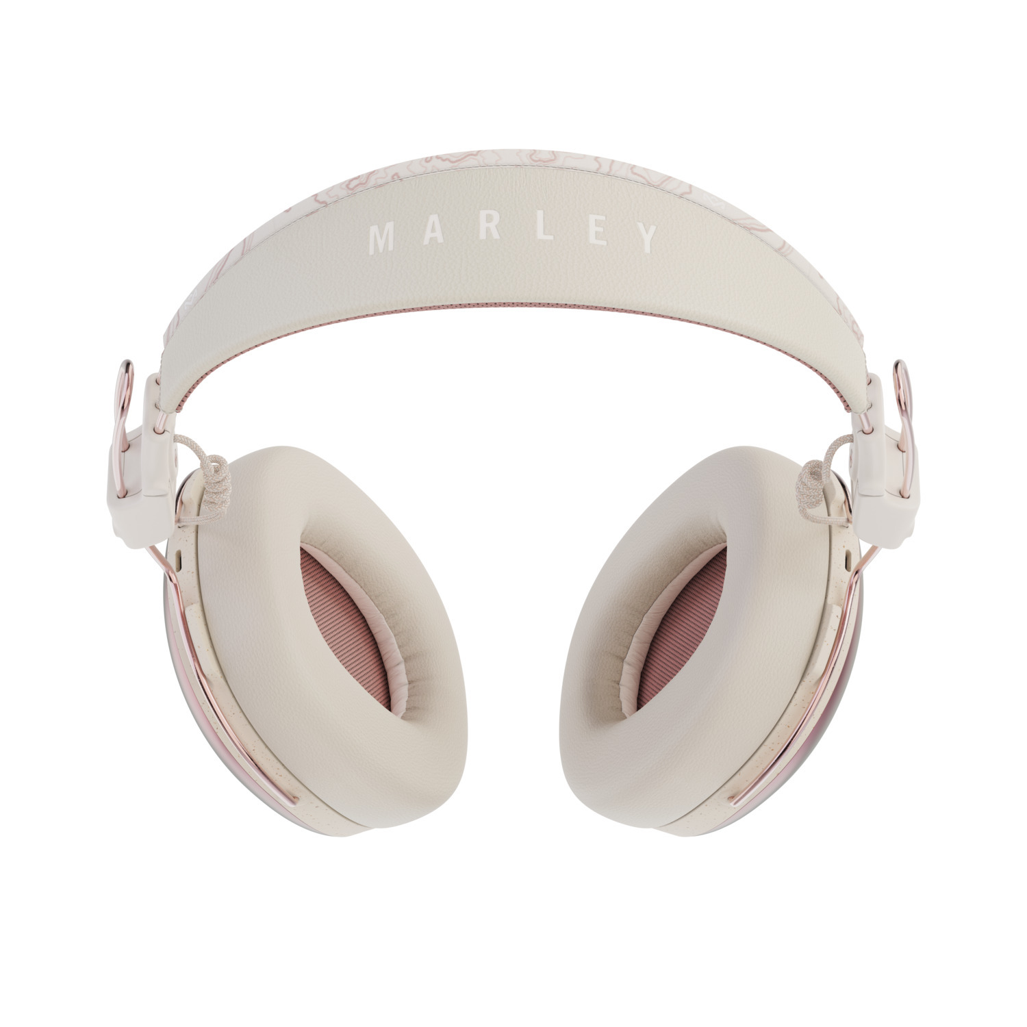 Casque Marley blanc et rose. La marque Marley est écrite sur le bandeau.