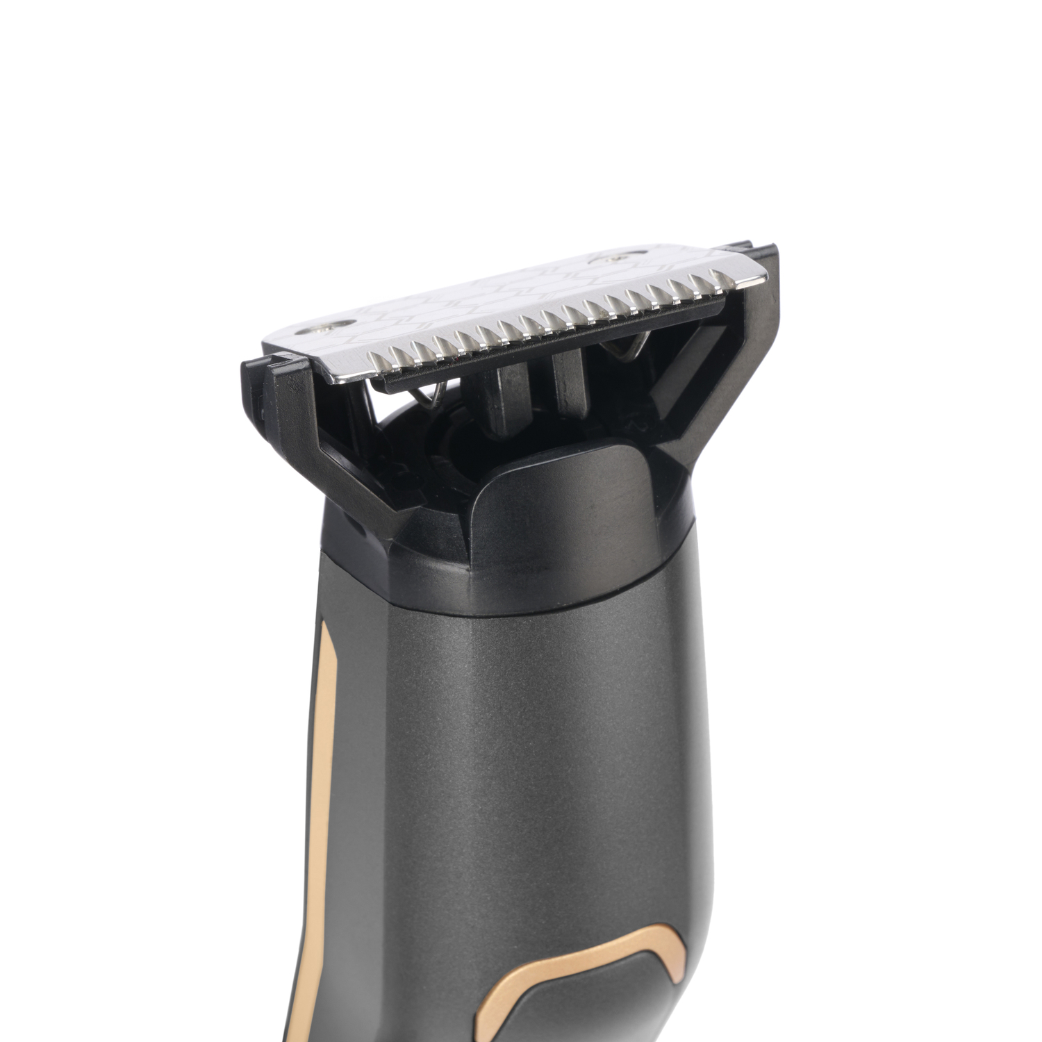 Close-up of a black and gold trimmer head, showing the blades.