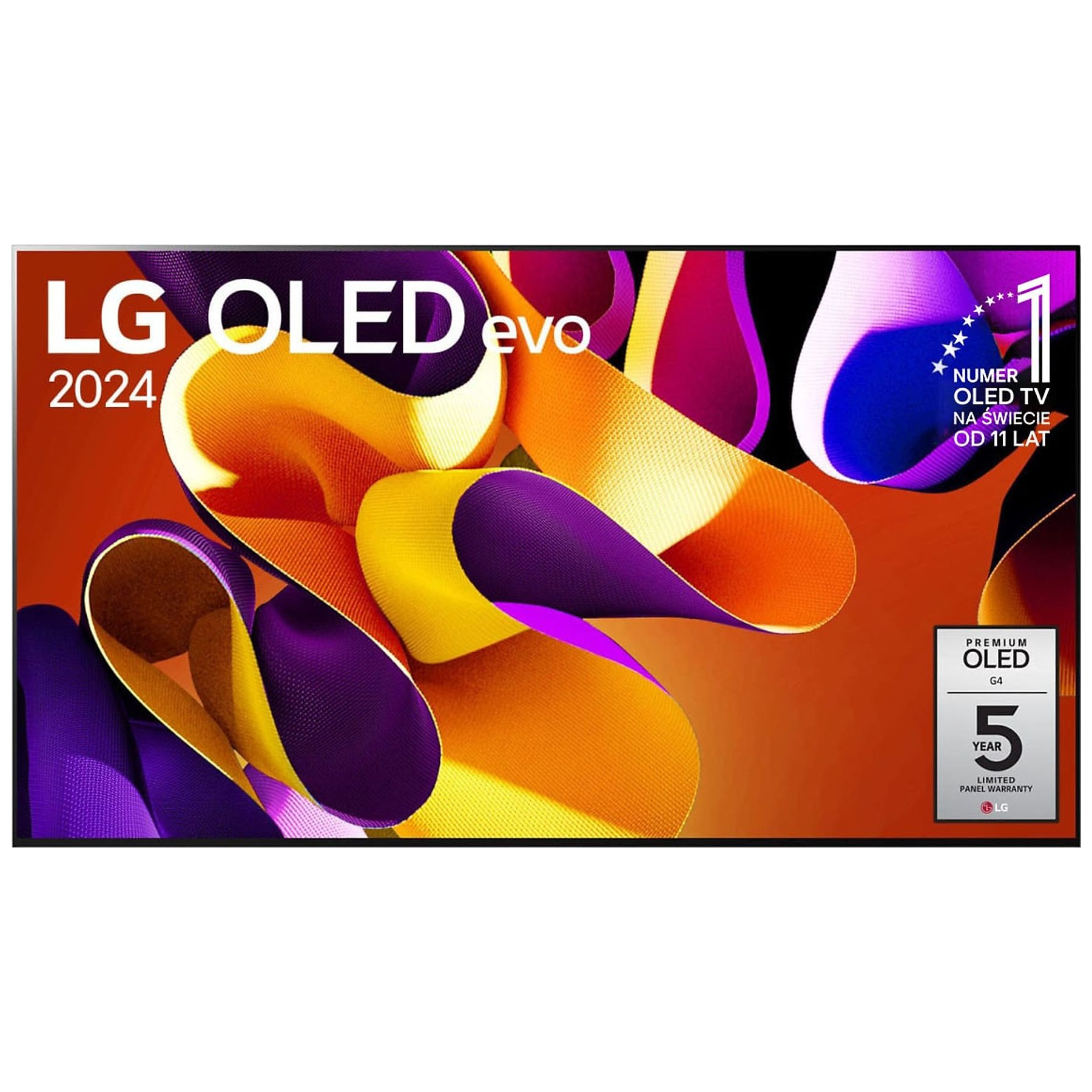 Telewizor LG OLED evo z kolorowym abstrakcyjnym wzorem. Zawiera tekst "LG OLED evo 2024" i inne informacje.