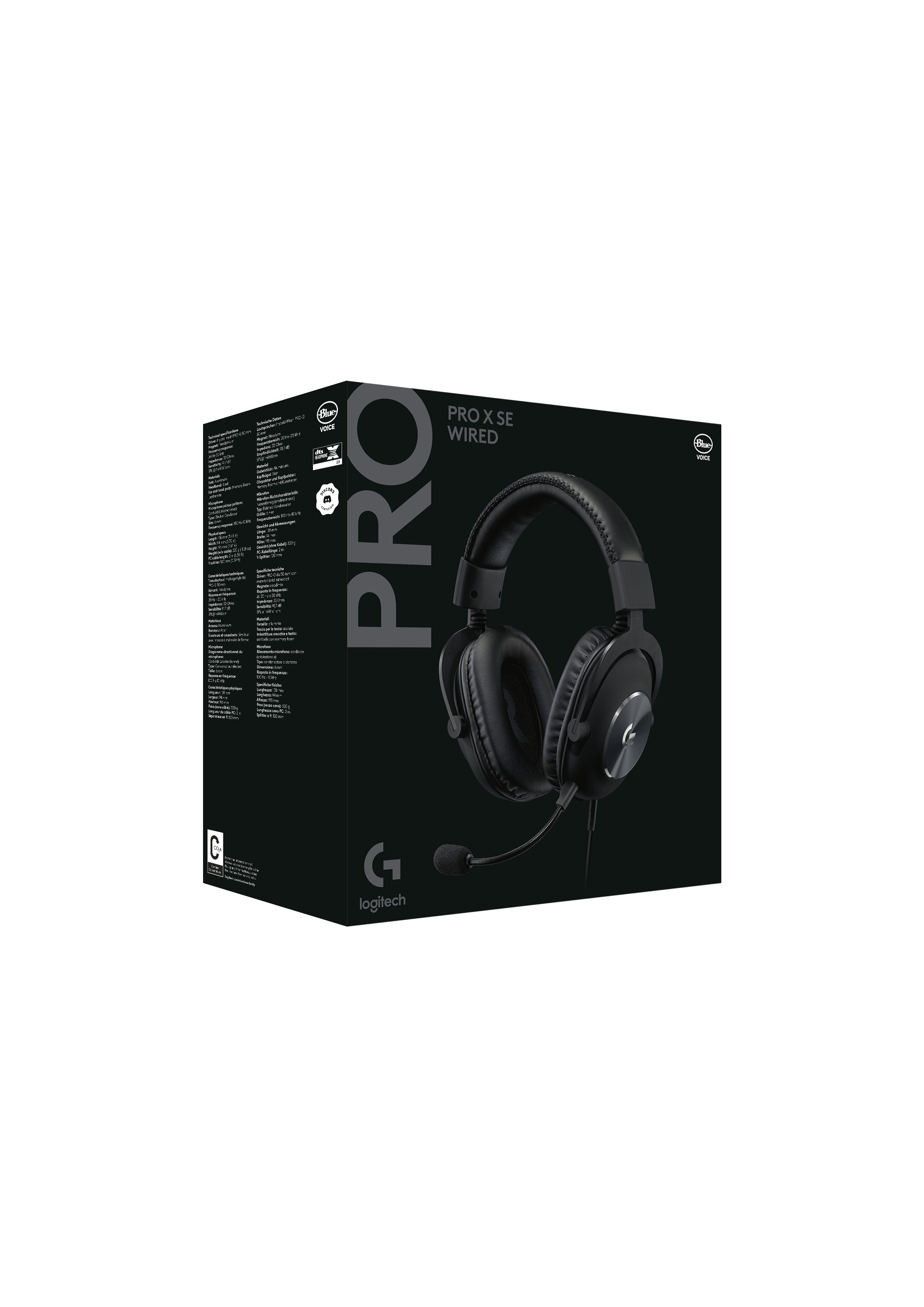 Siyah Logitech Pro X SE kablolu kulaklık siyah bir kutu üzerinde.