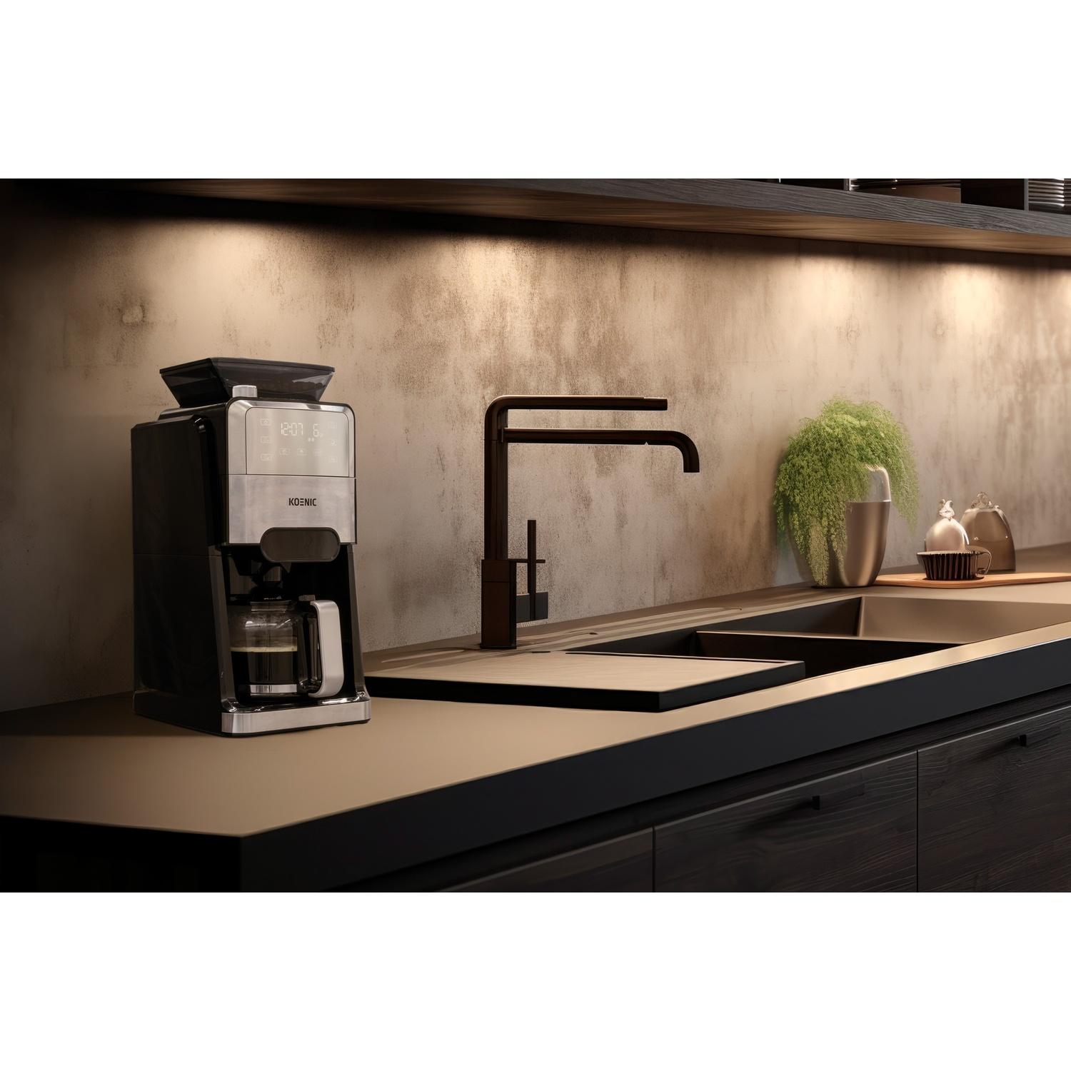 Scena cucina con macchina da caffè, rubinetto e lavandino. Banconi scuri, mobili marroni e parete beige.