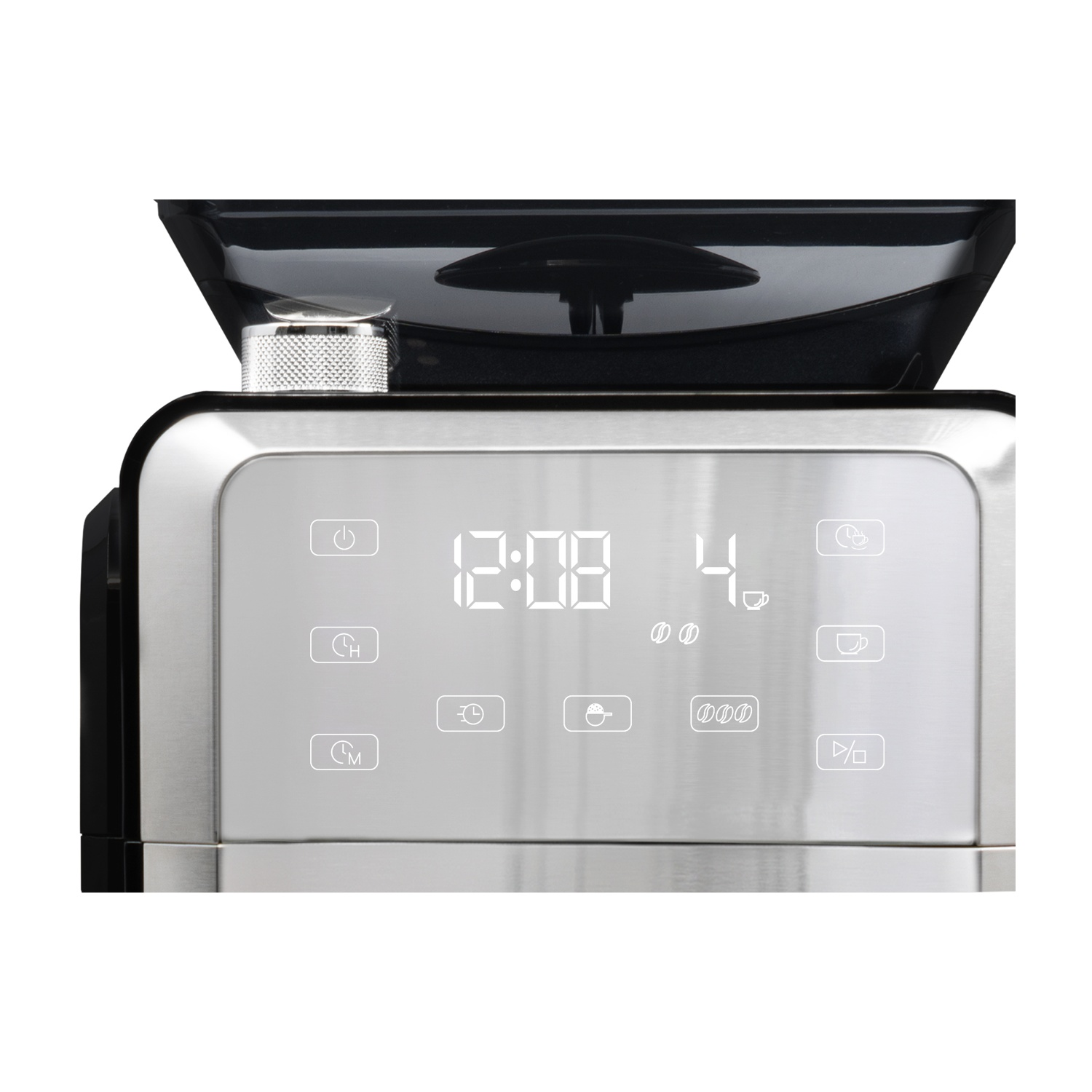 Pannello frontale della macchina per espresso, mostra display e controlli, con parte superiore nera.