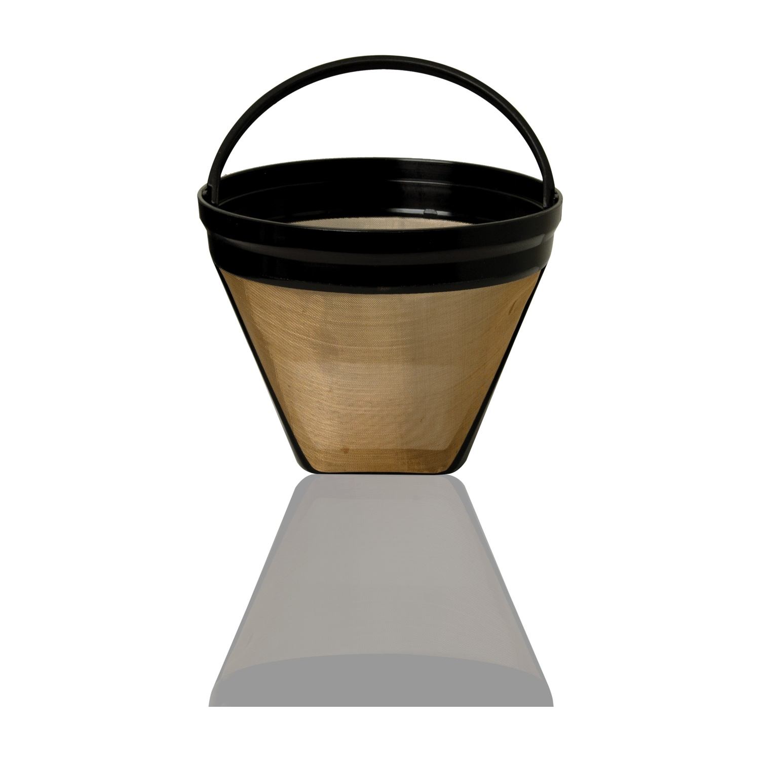 Cestello filtro per caffè con bordo e manico neri, sfondo bianco.