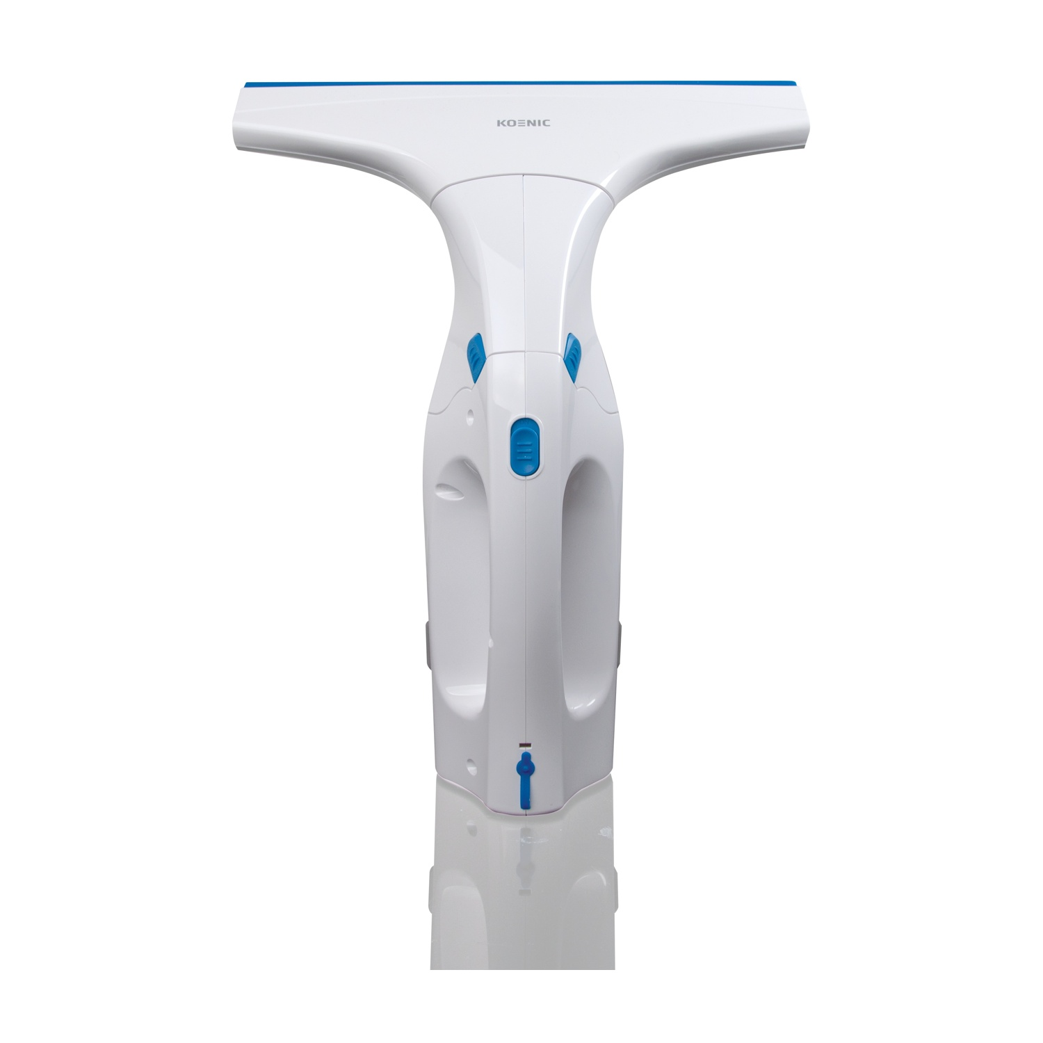Un pulisci vetri bianco con pulsanti blu. Ha un manico e un tergivetro. È su una superficie bianca.