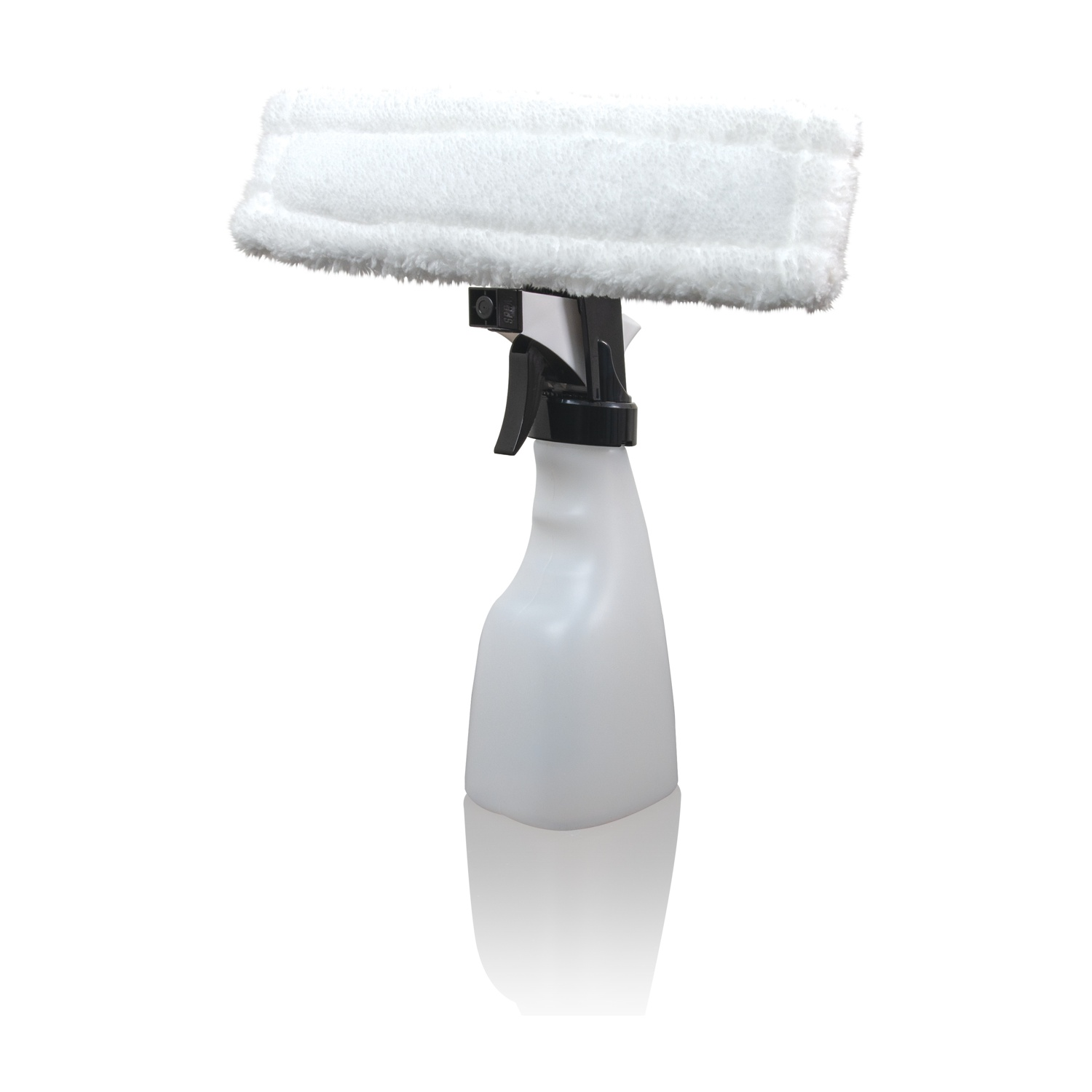 Un pulitore per vetri bianco con manico nero e tampone di pulizia bianco su sfondo bianco.