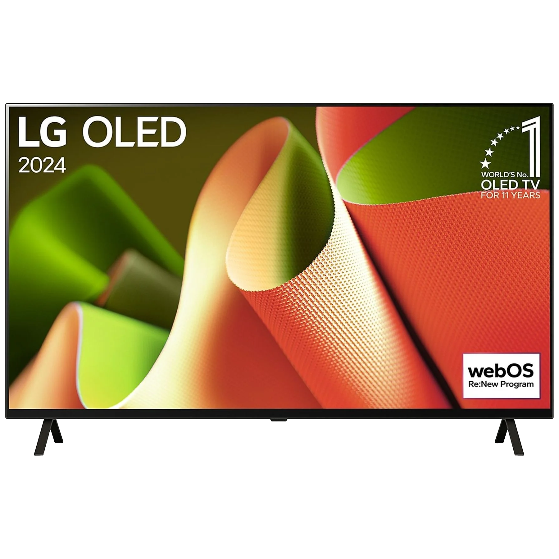 Ekran telewizora LG OLED wyświetlający abstrakcyjne kolory i logo webOS.