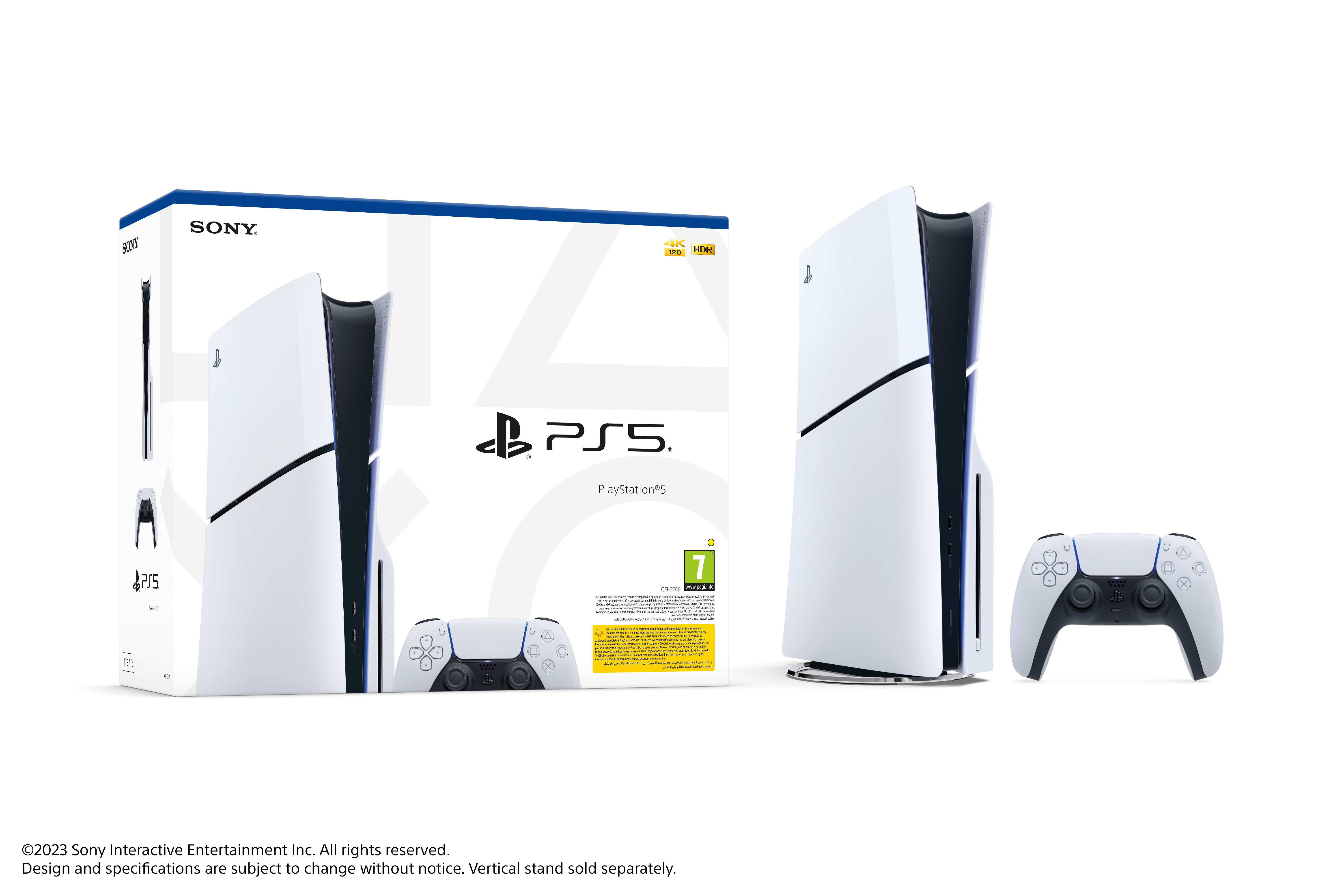 PlayStation 5, konsola i kontroler, biało-czarny design, z pudełkiem, na białym tle.
