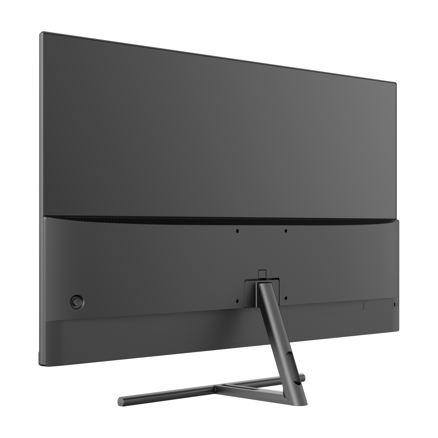 Vista posteriore di un monitor per computer grigio scuro con supporto.