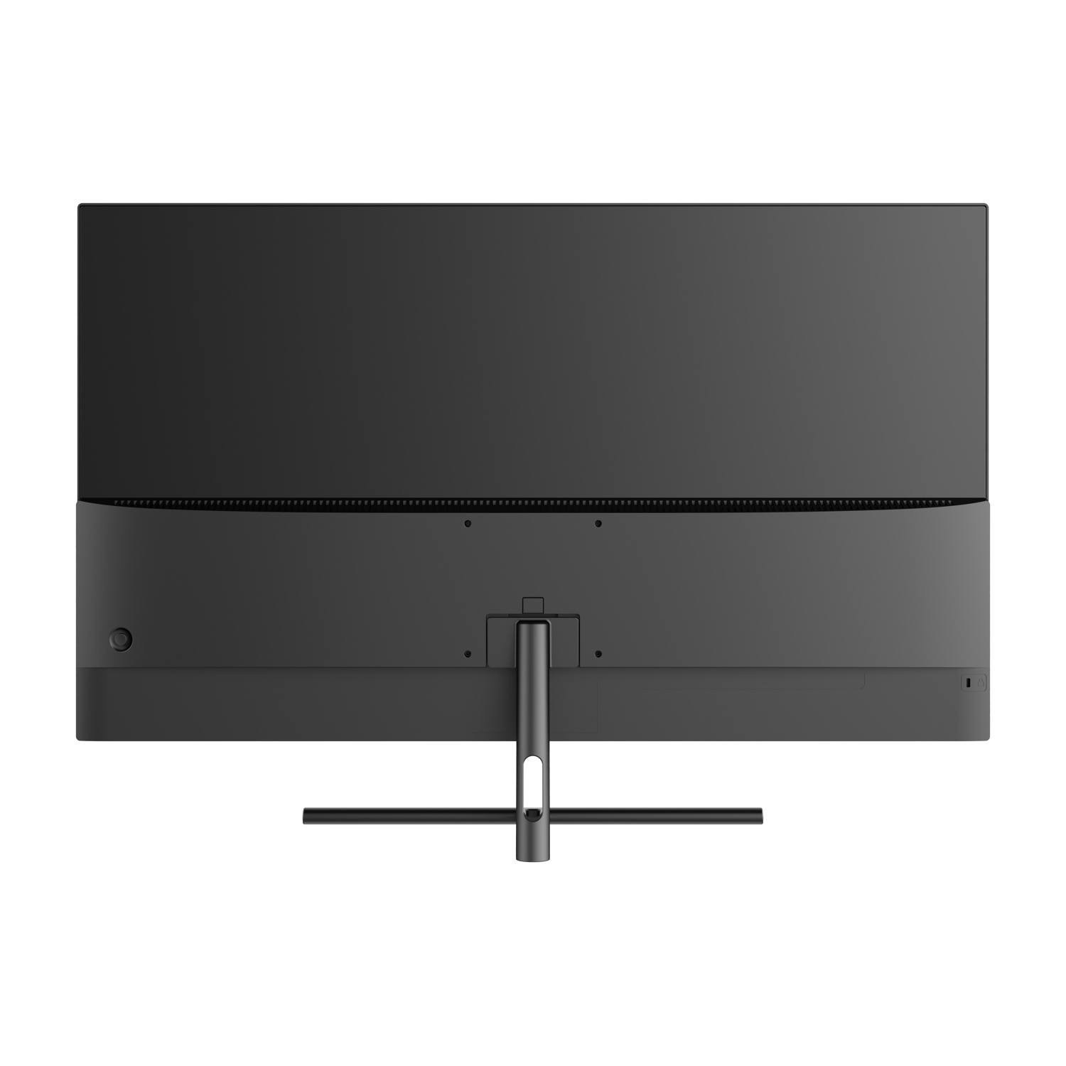 Retro di un monitor nero. Ha un supporto e varie porte e connessioni.